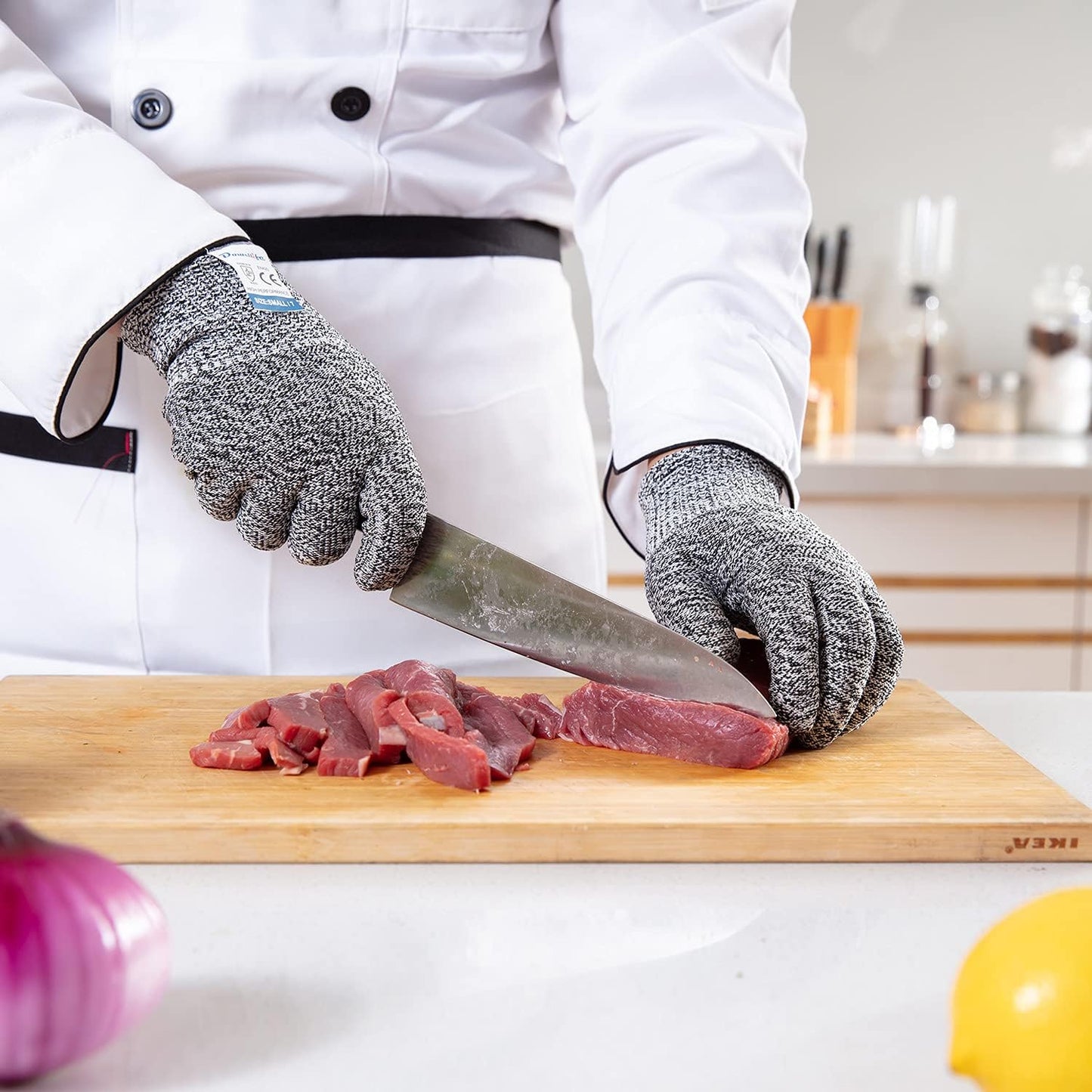 Dowellife 3 Pairs Cut Resistant Gloves Food Grade Level 5 Protection, Safety Kitchen Cuts Gloves for Mandolin Slicing, Fish Fillet, Oyster Shucking, Meat Cutting and Wood Carving (Black Gray, Large)