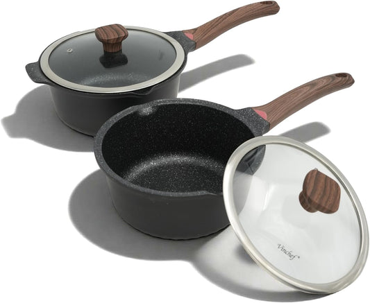Vinchef New Nonstick Sauce Pot Set with Lids, 3QT Saucepan & 4QT Saucepot,Dishwasher Safe,Induction Compatible, Scratch/Stain Resistant, Stay-Cool Handles, PFAS-Free, Black