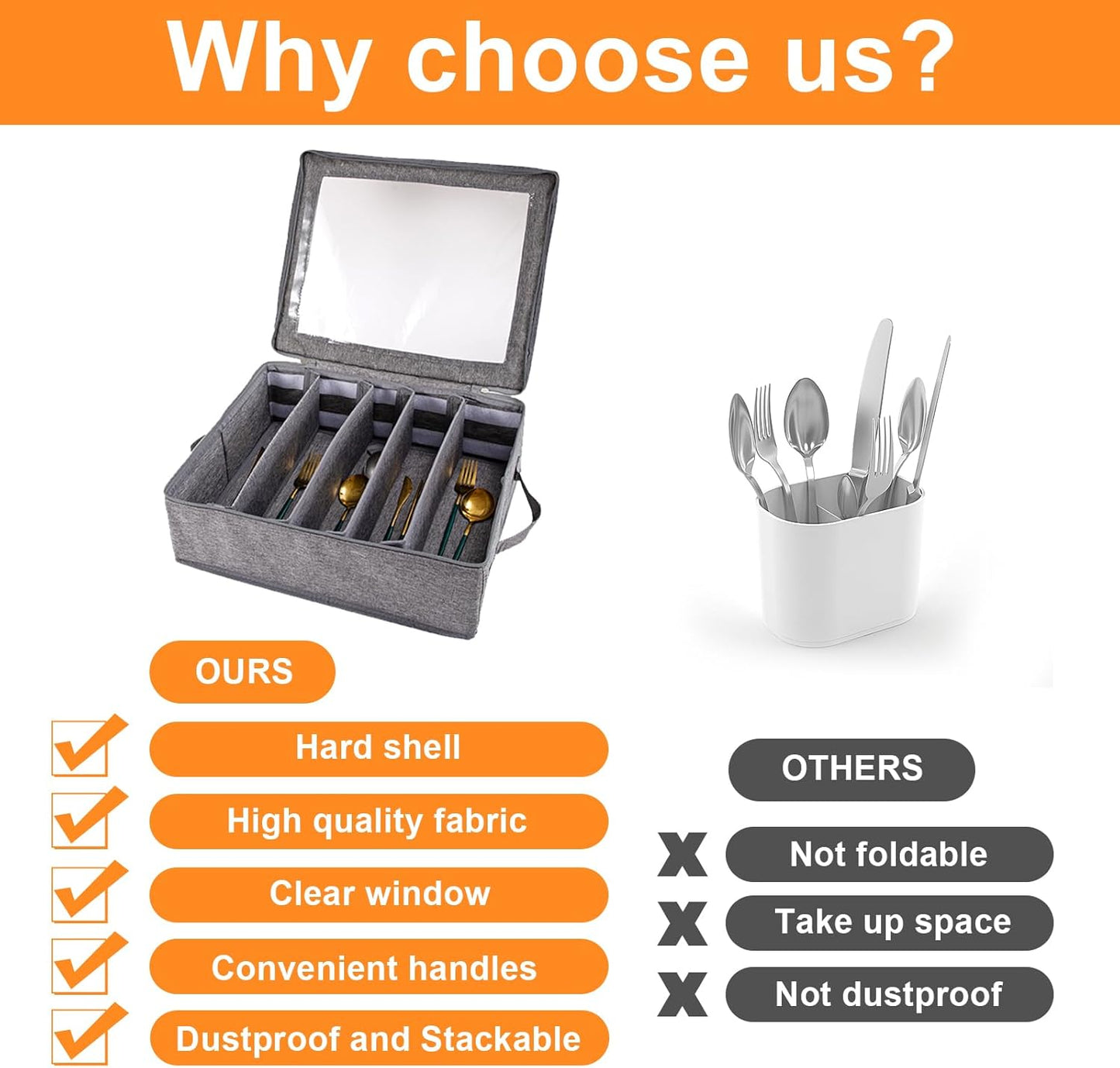 Flatware Utensil Storage Case With Adjustable Dividers,5 Compartments Zipper Flatware Storage Case, Silverware Storages Cases With Handles And Organizes Cutlery Stackable