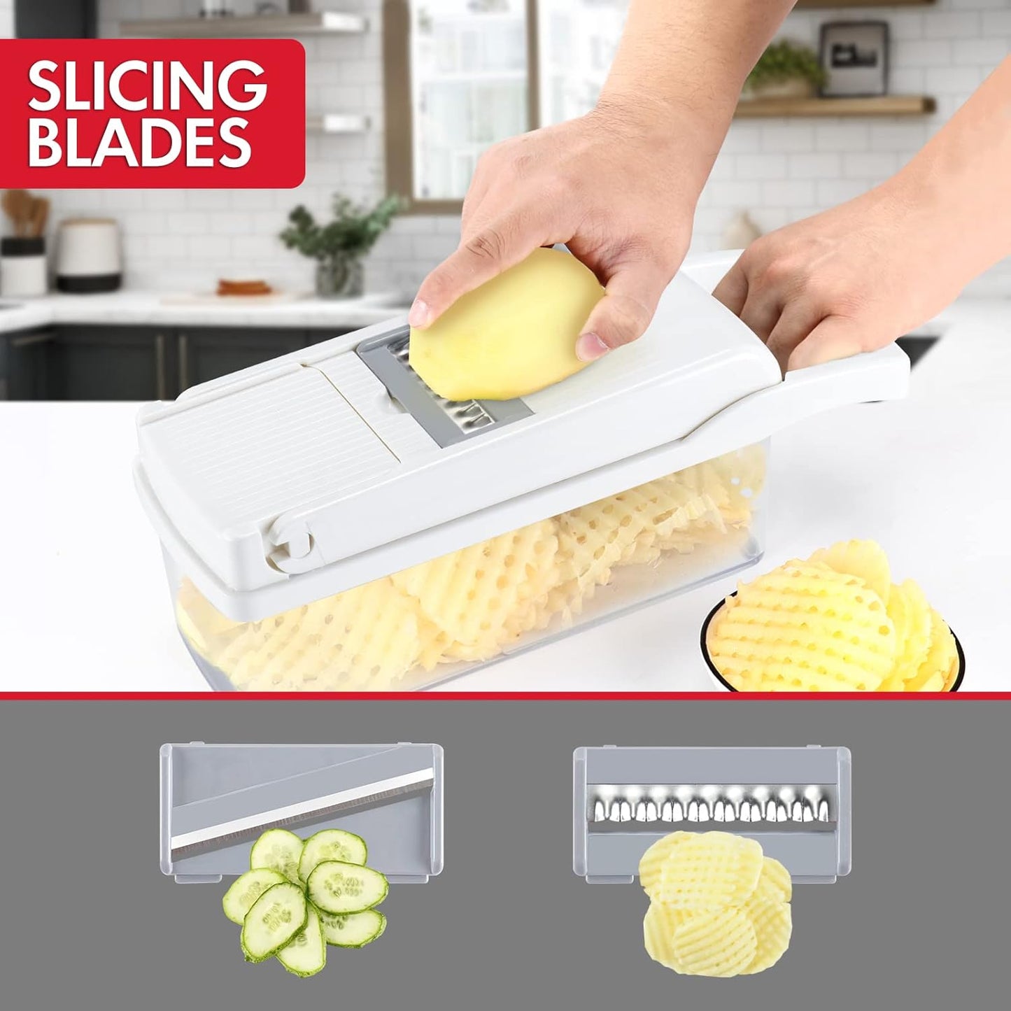 Ourokhome Vegetable Chopper Onion Cutter, 12 in 1 Professional Mandoline Slicer for Kitchen, Multifunctional Food Chopper for Potato, Tomato, Veggie with Strainer Basket, 8 Blades, White