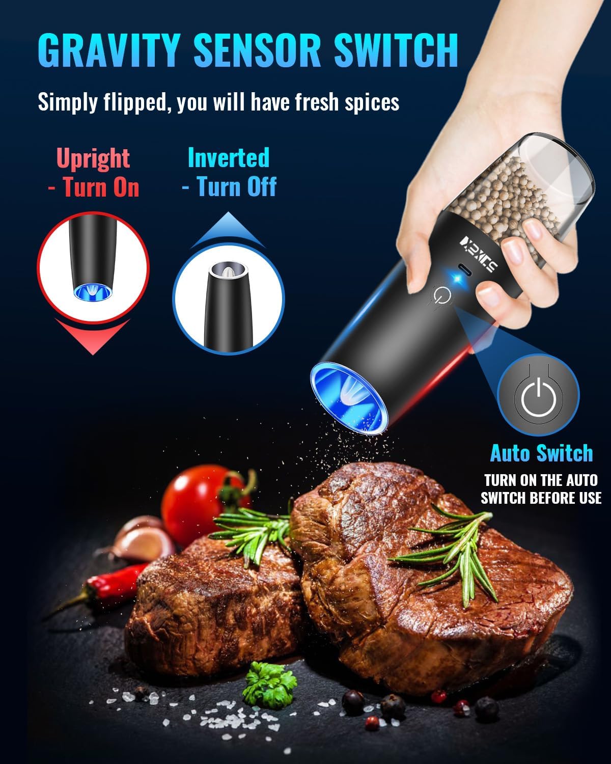 Rechargeable Electric Pepper and Salt Grinder Set, No Battery Needed, whit Gravity Sensing Switch and LED Light, One Hand Automatic Operation, Black 2 Pack