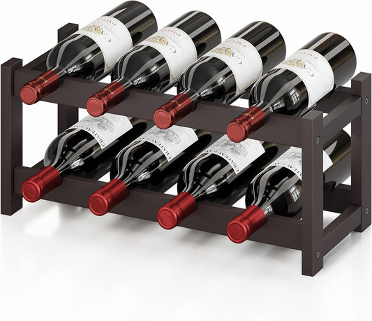 BAMEOS Bamboo Wine Rack, 2 Tier Wine Racks Countertop Storage, Wine Bottle Holder Wine Rack freestanding Floor for Kitchen, Bar, Pantry, Wine Cellar, Basement,Study, (16.85 L x 9.25W x 7H) Espresso