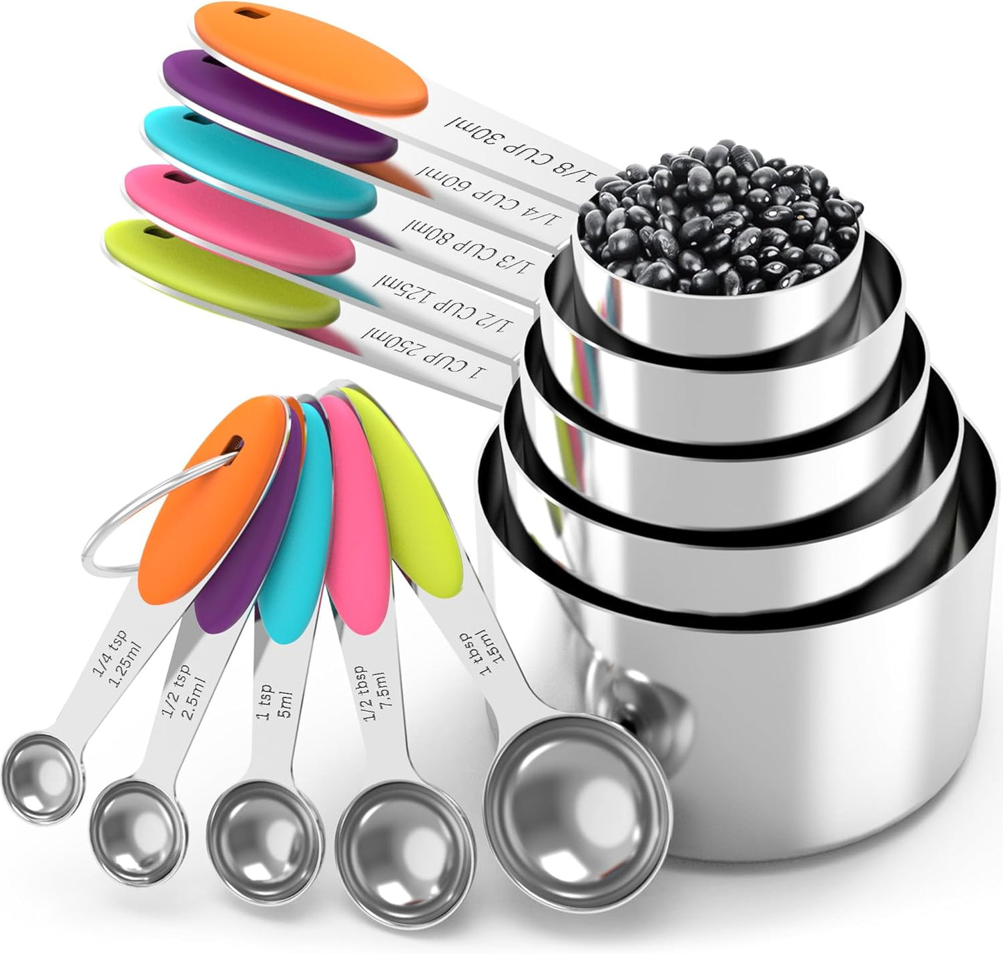TILUCK Measuring Cups and Spoons Set, Stainless Steel, Kitchen Utensils for Cooking and Baking (10, Colorful)