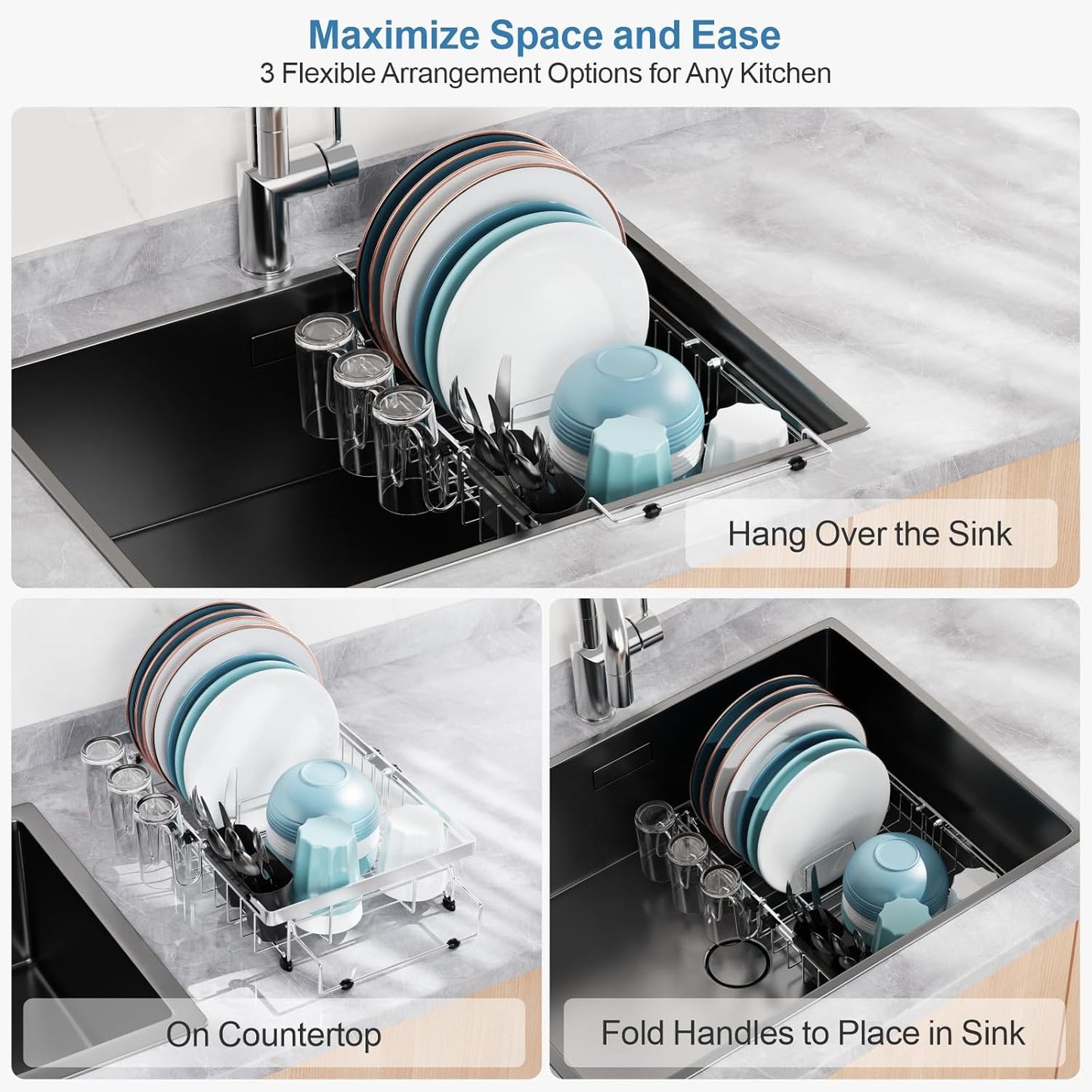 GSlife Expandable in Sink Dish Drying Rack - Capacity Adjustable Stainless Steel Over The Sink Dish Drainer with 2 Cup Holder and Utensil Holder for Kitchen Sink, 10.8"~17.9" L x 14.2" W, Silver