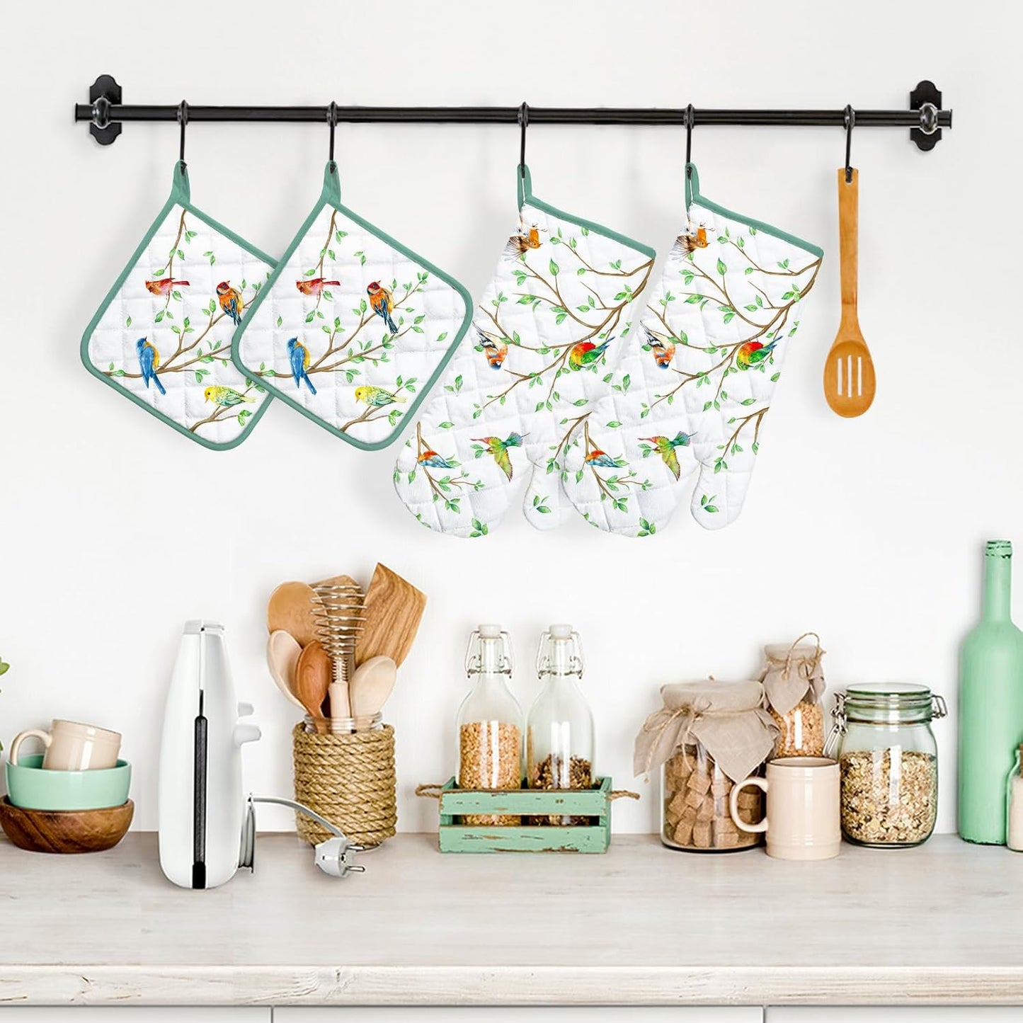 Bird Branch Oven Mitts and Pot Holders Sets 4Pcs, 100% Cotton Heat Resistant, Extra Long Oven Gloves Potholder for Kitchen Cooking Baking Housewarming