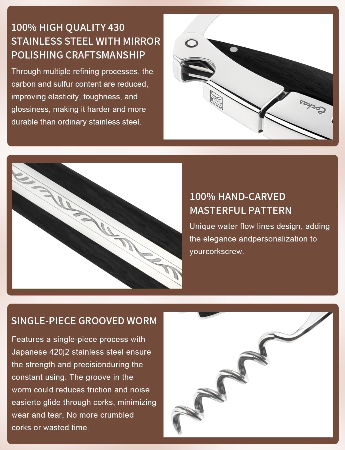 Wine Key - CORKAS Prestige Waiter Corkscrew with Ebony Handle, Handcrafted Wine Opener Manual with Double Hinged, Foil Cutter and Bottle Opener, Ideal Gifts for Sommelier, Bartenders, Servers