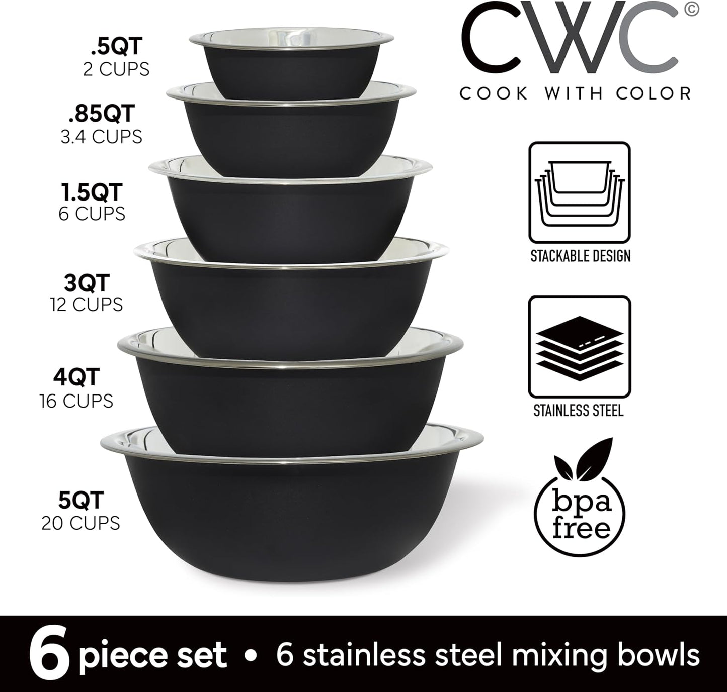COOK WITH COLOR Stainless Steel Mixing Bowls Set - Nesting Bowls, 6 Pieces, Black