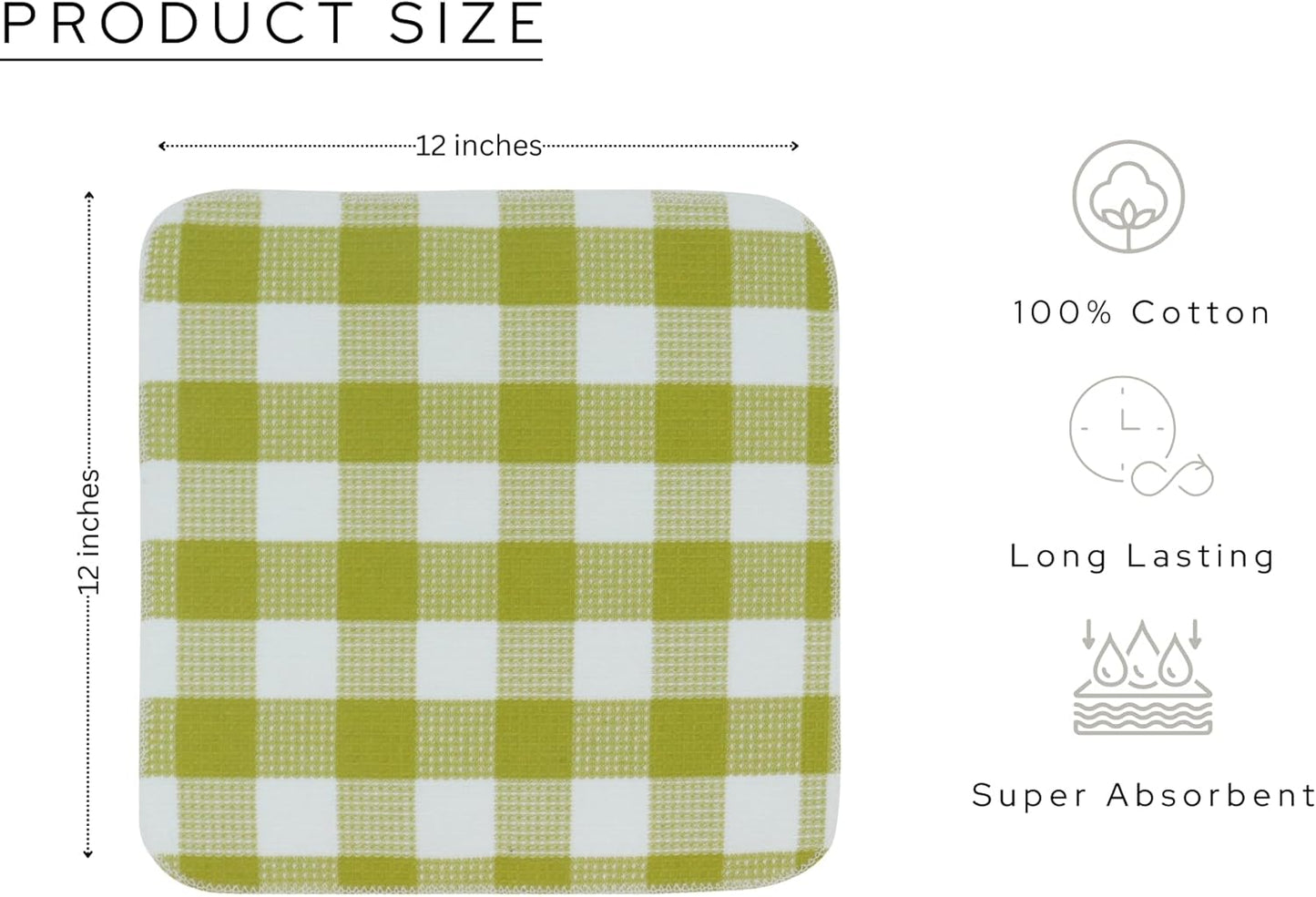 Waffle Weave Plaid Dish Cloths, 100% Cotton - 12 x 12 Inches, Ultra Soft Absorbent Quick Drying Dish Towels Buffalo Check Dish Rags for Kitchen, 8 Pack - Spring Summer - Light Green & White