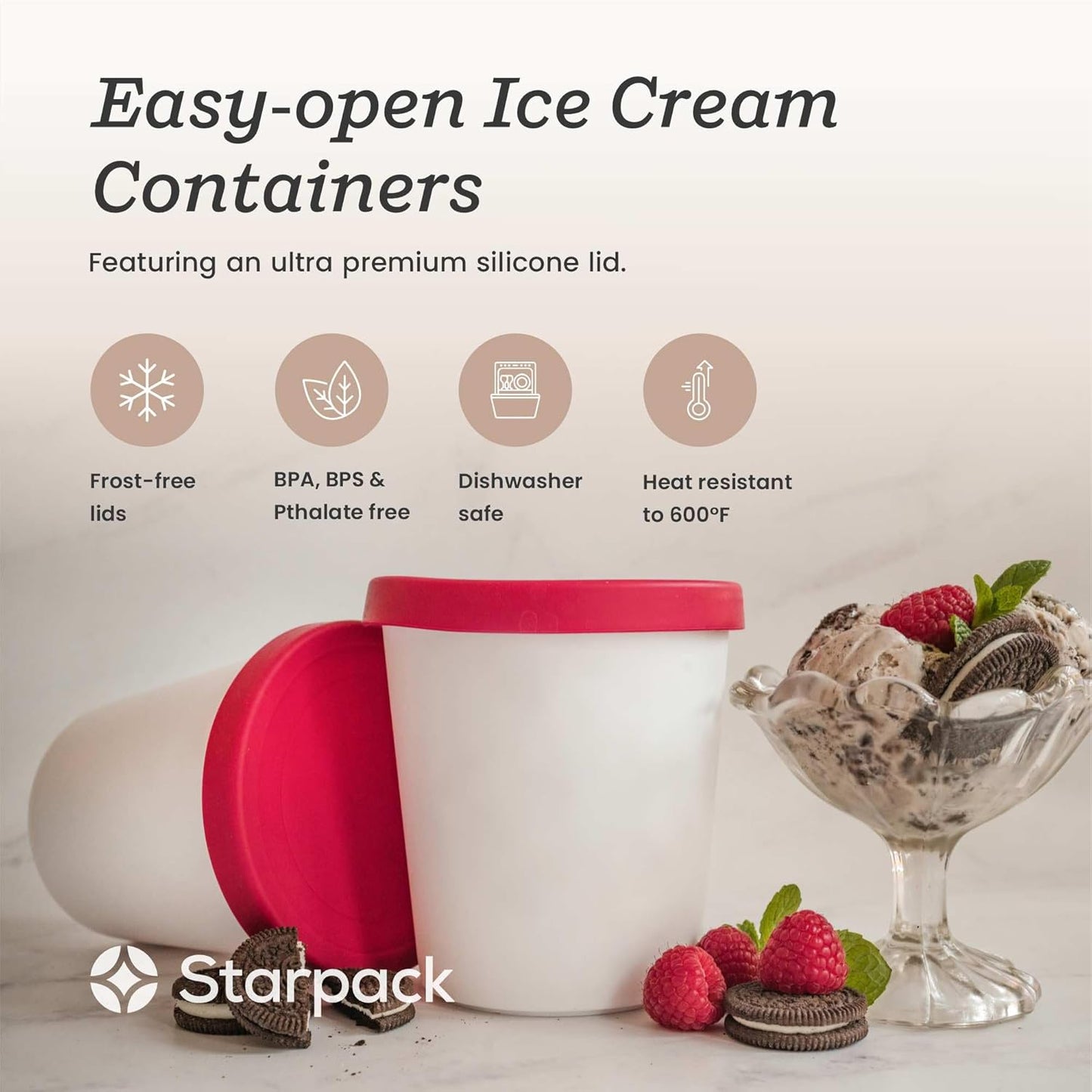 Starpack 'Freeze the Day' Ice Cream Storage Container for Freezer (2 Pcs) - 1 Quart Ice Cream Containers for Homemade Dessert - Reusable Frozen Treat Containers with Lids - Leak-Free Lids (Silicone)