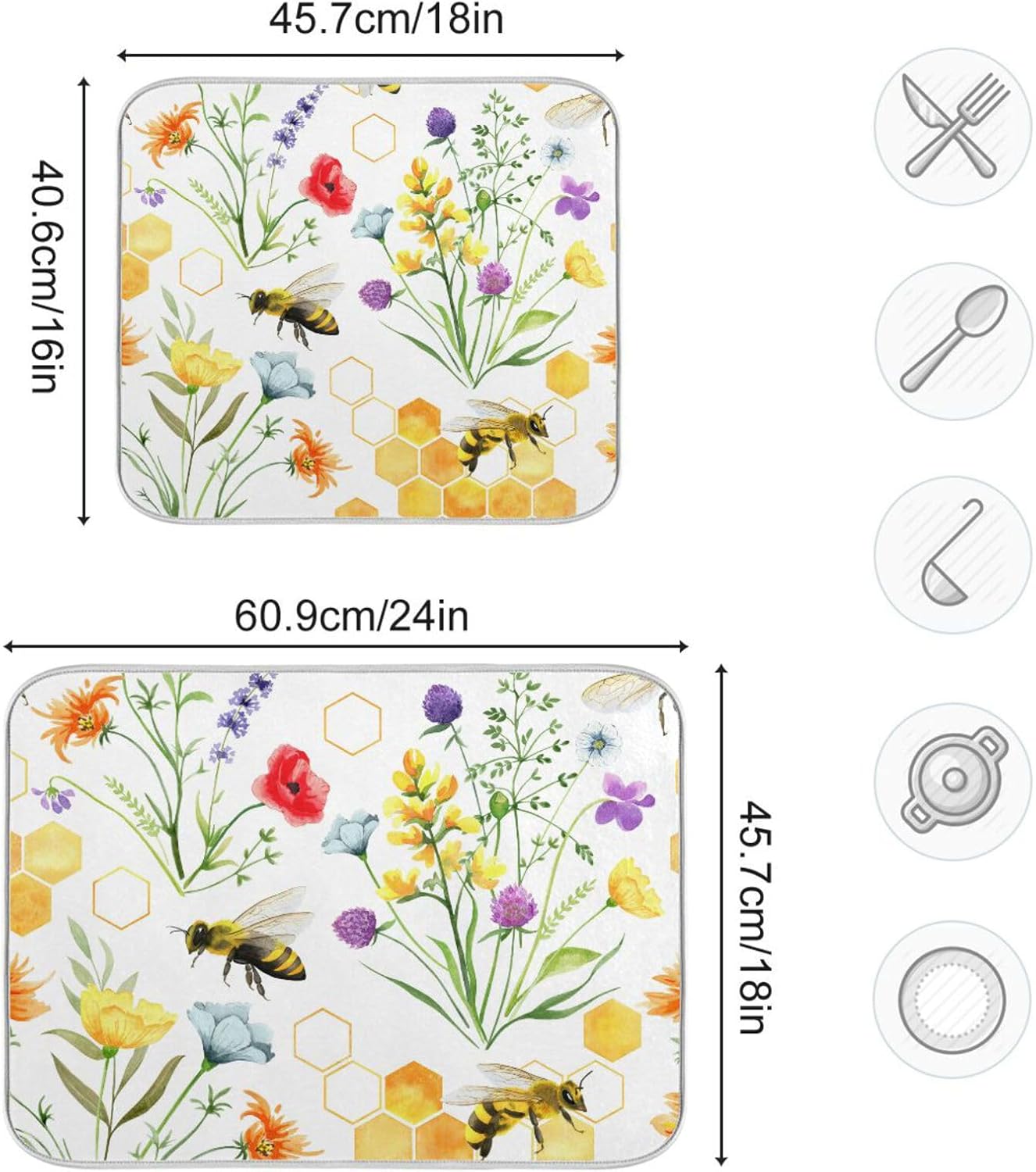 Wildflowers and Bees Dish Drying Mat for Kitchen Counter Absorbent Microfiber Drying Pad, Large 18x24 in, Reversible Drainer Mats