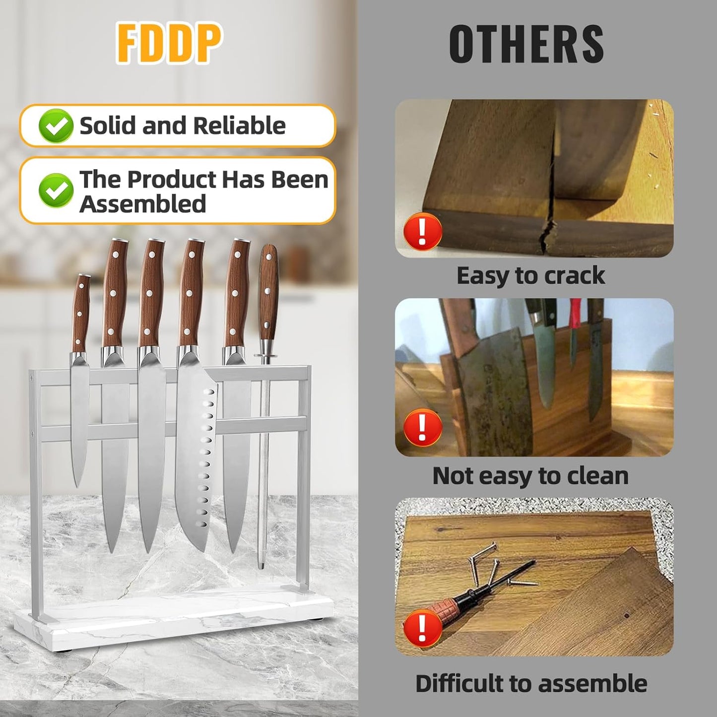 Magnetic Knife Stand Block with Marble Base, Double-sided Stainless Steel Magnets for Countertop, Magnetic Knife Holder for Kitchen Storage, 12 IN, White