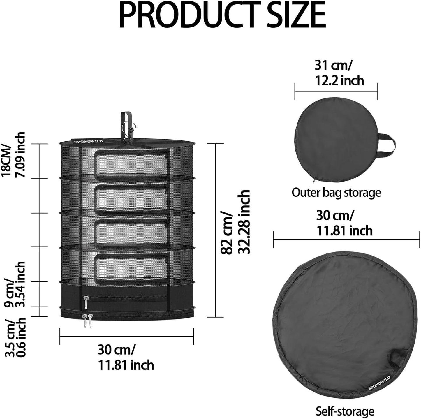 Herb Drying Rack Hanging Mesh Net，Small 4+1 Layer Plant Drying Rack with Door-Type Zipper & Closed Storage Compartment for Folding Basket Dryer Fiting in Grow Tents,Garden Outdoor