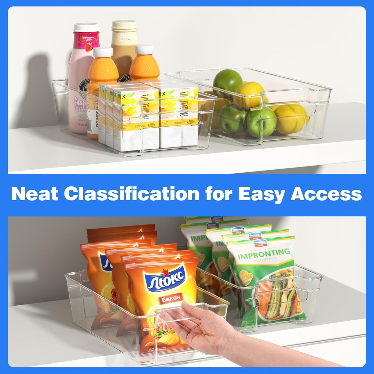 6 Pack Clear Refrigerator Storage Bins, Stackable Plastic Fridge Organizer Kitchen Pantry Storage Bins with Handles for Snacks, Freezer, Kitchen Cupboard, and Cabinet Organization