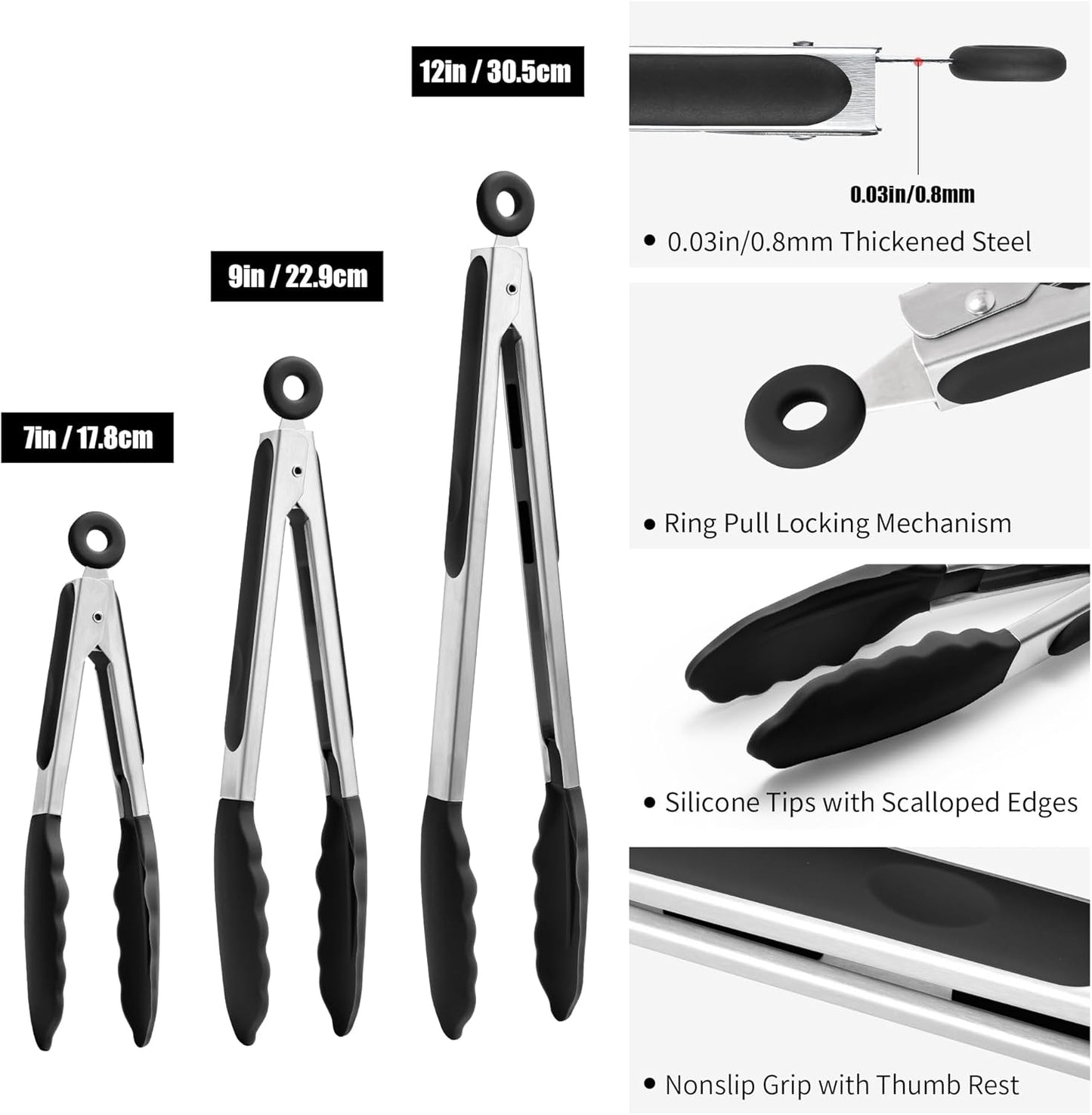 Doosu Kitchen Tongs for Cooking - 600°F Heat Resistant Food Tong Set with Non-Scratch Silicone Tips, Heavy Duty Stainless Steel Locking Tong for BBQ, Grilling Steak, Serving Salad (7+9+12in, Black)