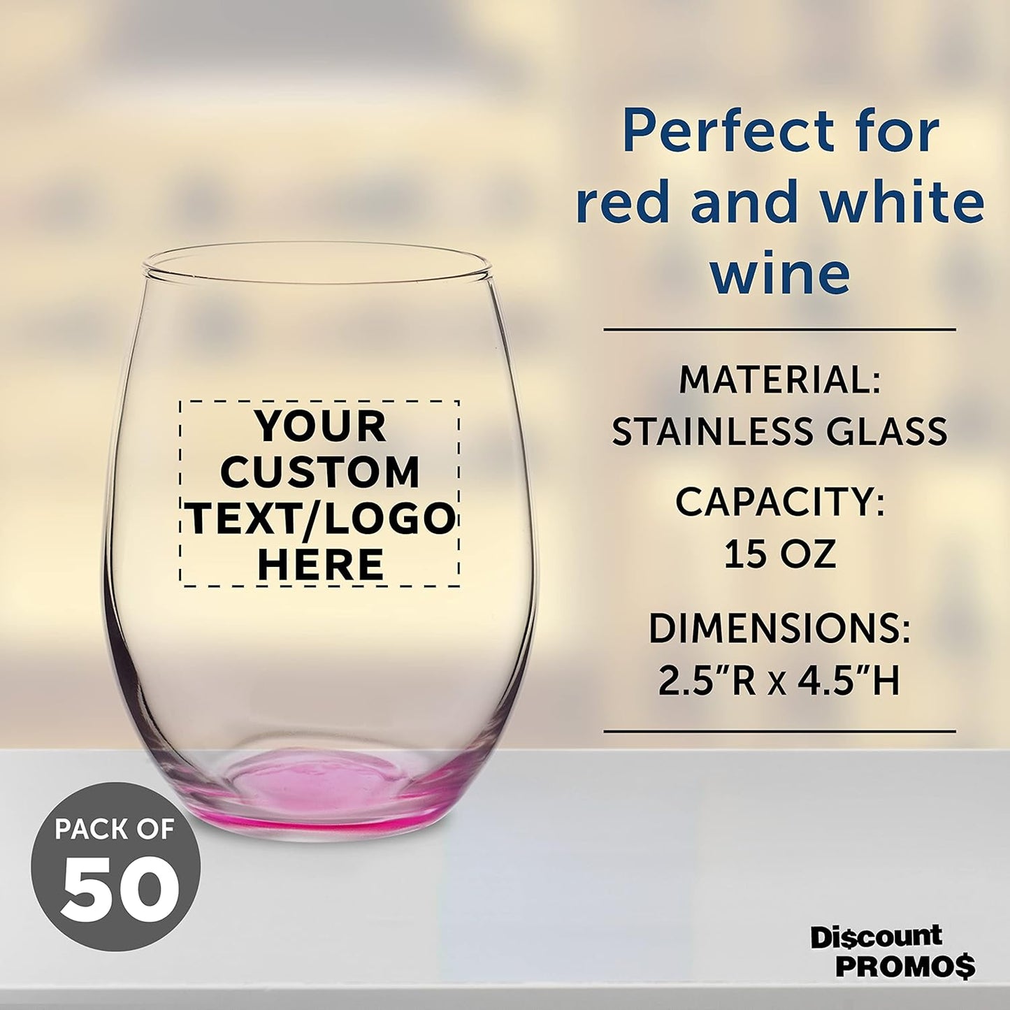 Custom Stemless Wine Glasses in Bulk by ARC Perfection, 15 oz, 50 pack, Personalized Text, Logo, Red or White Wine Glass Set, Pink