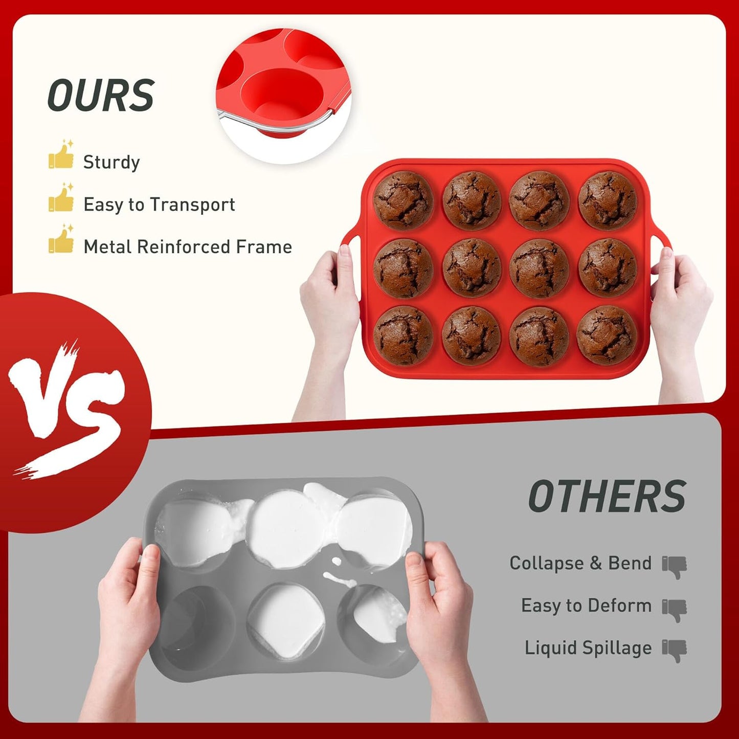 2 Packs 12 Cups Silicone Muffin Pan for Baking with Metal Reinforced Frame Regular Size Cupcake Pan Tray Egg Bites Silicone Cookie Molds Muffin Tin Tart Pans Sheet Set for Oven Dishwasher Safe