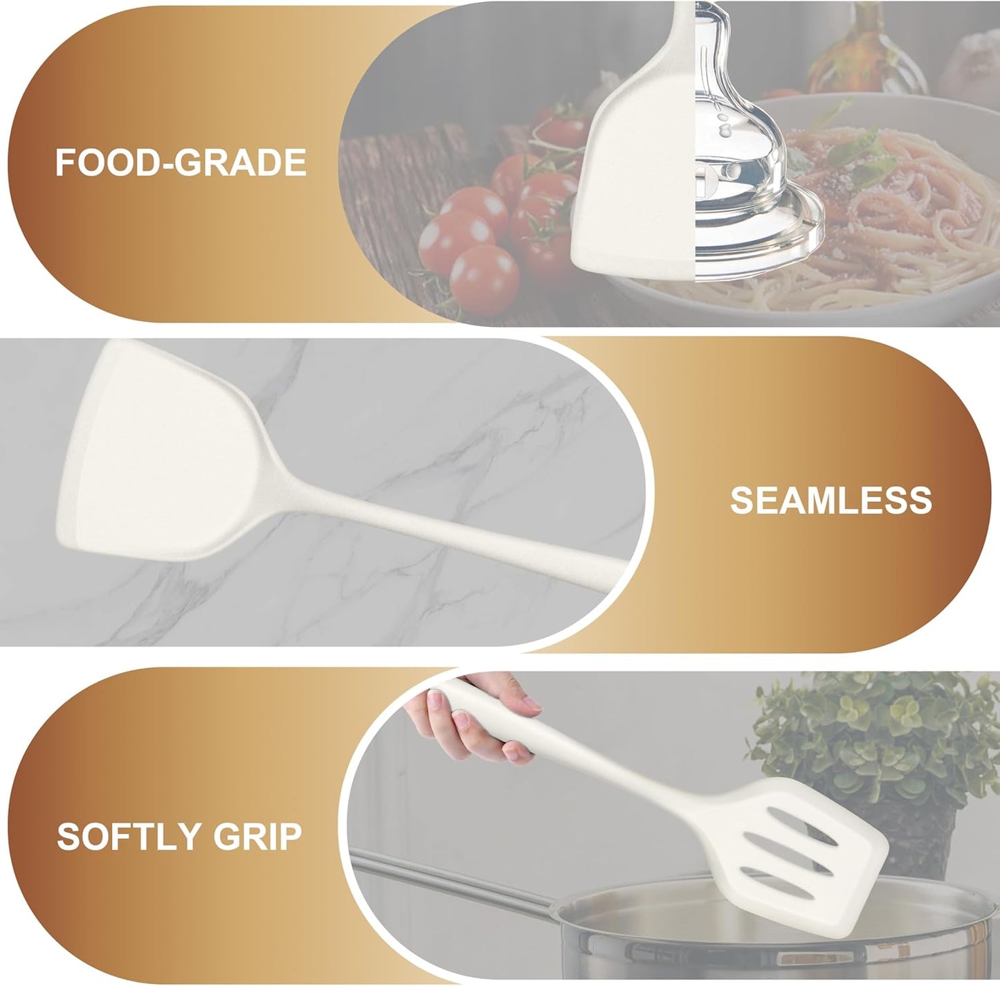 TeamFar Silicone Cooking Utensils Set of 5, Kitchen Utensils Solid & Slotted Spoons Turners Pasta Server for Nonstick Cookware, Healthy & Heat-Resistant, Seamless & Non-Scratch, Dishwasher Safe, White