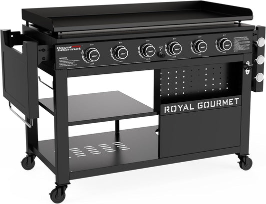 Royal Gourmet GB6000 6 Burner Propane Gas Griddle with Folding Side Tables, 44-Inch Flat Top Grill with Double-Layer Bottom Shelves for Outdoor Party or Backyard Barbecue, Black