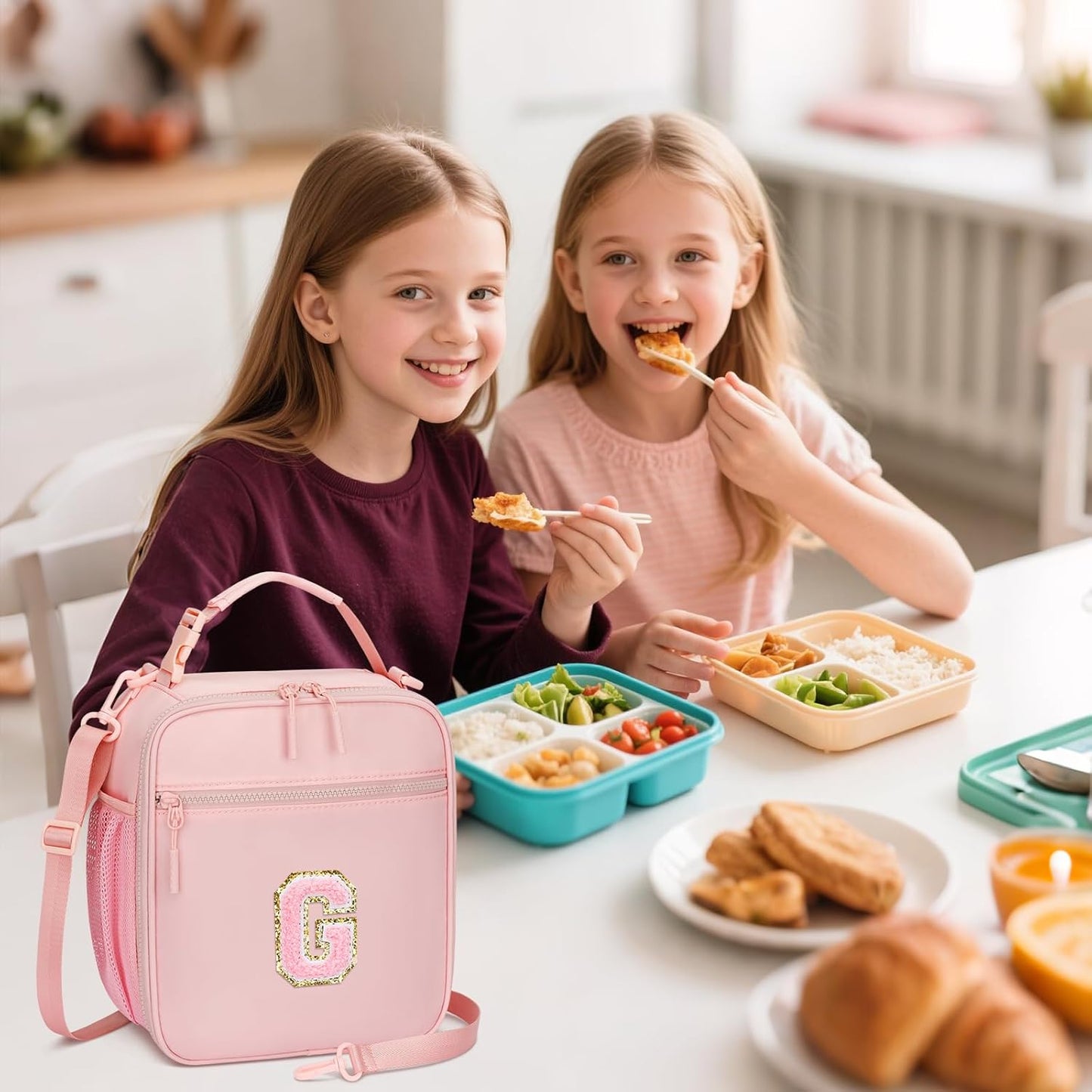 Initial Insulated Lunch Bag for Girls Kids, Back to School Gift, Reusable Leak-proof Lunch Box with Adjustable Strap for School Daycare Travel Picnic (Pink,G)