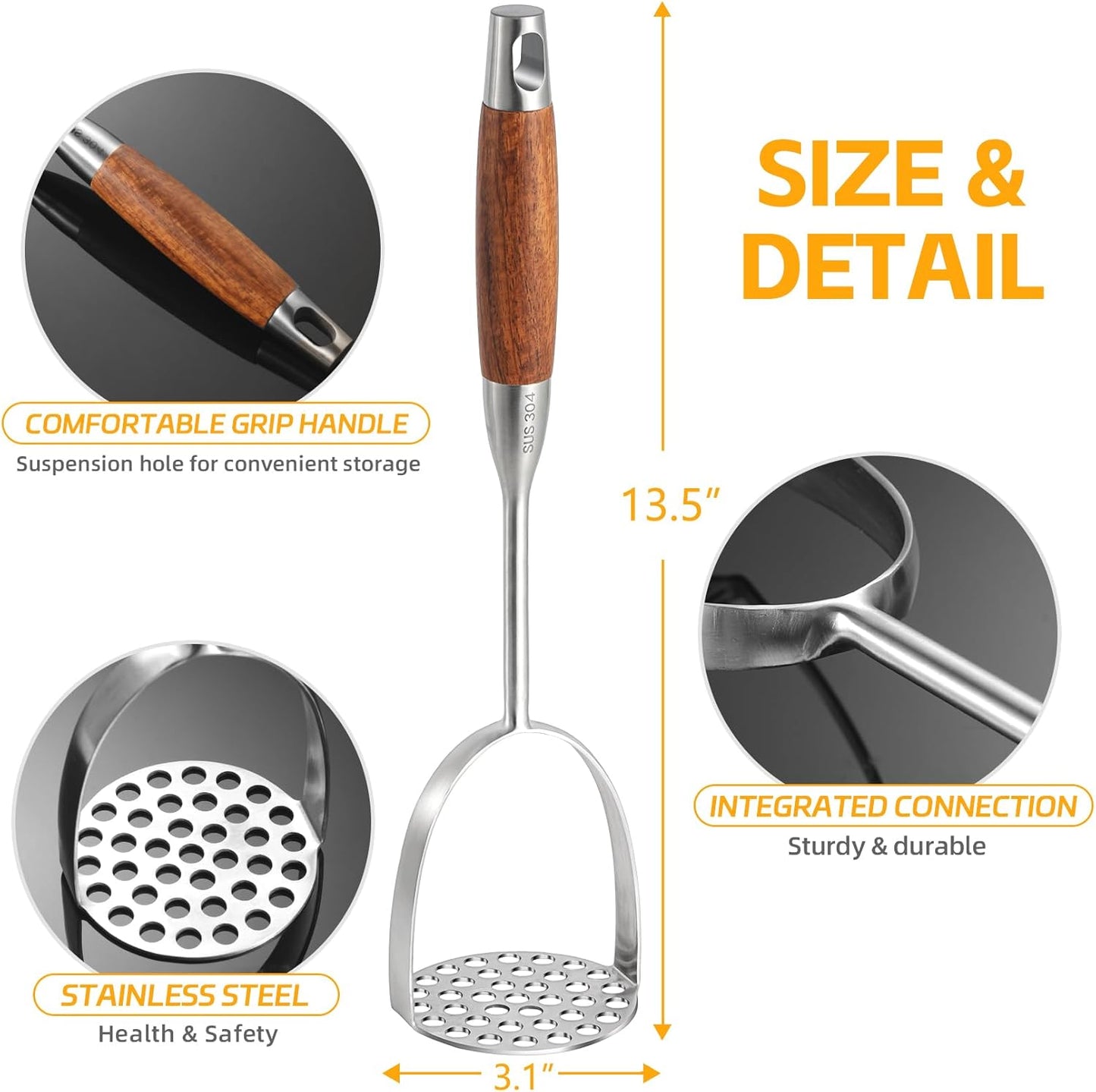 Mashed Potatoe Masher Stainless Steel - Heavy Duty Potato Masher, Professional Integrated Masher for Avocado, Potatoes, Beans, Meat, Vegetables
