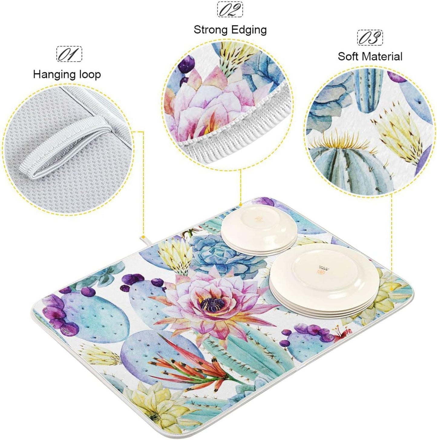 Cactus Succulent Plant Dish Drying Mat for Kitchen Counter Absorbent Microfiber Drying Pad, Medium 16x18 in, Reversible Drainer Mats