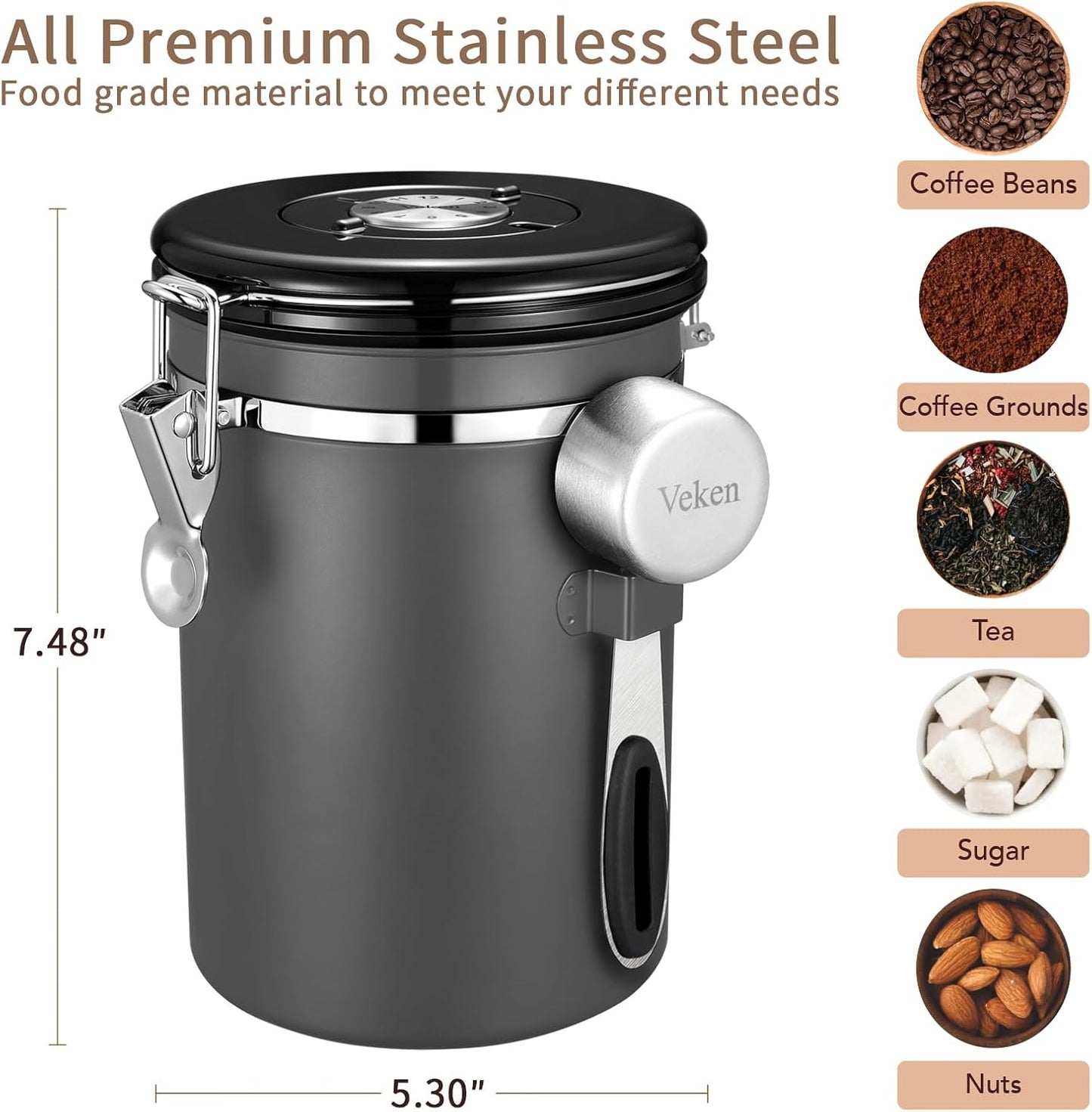 Veken Coffee Canister, Airtight Stainless Steel Kitchen Food Storage Container with Date Tracker and Scoop for Grounds Coffee, Beans, Tea, Flour, Cereal, Sugar, Cookies Jars, 22OZ Gray