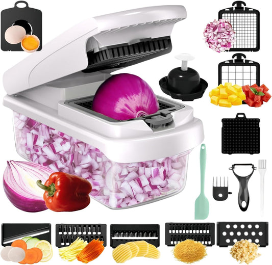 16 in 1 BPA free Vegetable Chopper with Container,Salad Food Veggie Chopper,Onion Cutter,Mandoline Slicer,Includes Egg Separator & Peeler,Non-Slip Base & Safety Guard,Chop 50% Faster(White)