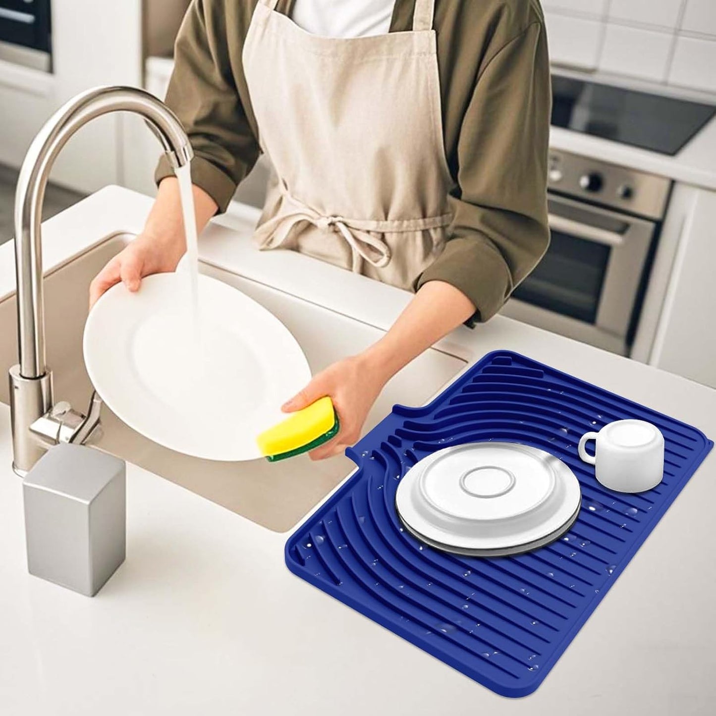 Silicone Dish Drying Mat for Kitchen Counter with Built-in Drain, Easy Clean Pad for Countertop Protection, Fast Self-Draining Slope, Non-Slip, Multiple Use 17.7 x 11.8 Inch (Midnight Blue)