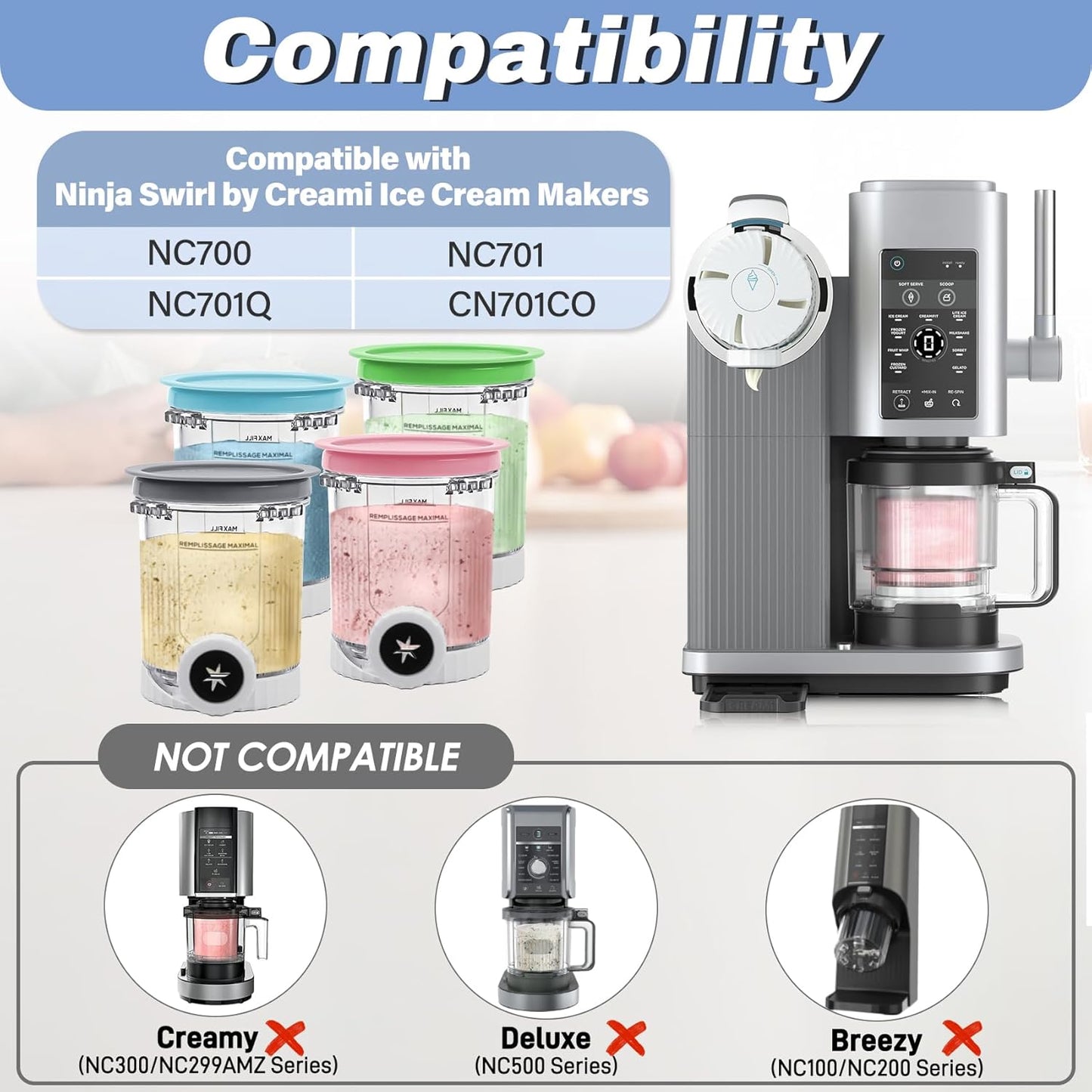 NANOBABY Pints and Lids Replacement Compatible with Ninja Swirl by Creami NC700 Series Ice Cream Makers, 16oz Cup Containers Replacement for Creami Swirl NC701 NC701Q CN701CO, 4-Pack, BPA Free, Clear