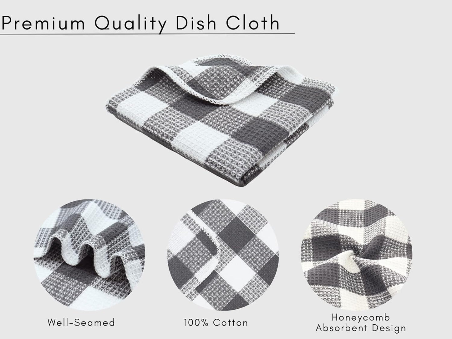 Waffle Weave Plaid Dish Cloths, 100% Cotton - 12 x 12 Inches, Ultra Soft Absorbent Quick Drying Dish Towels Buffalo Check Dish Rags for Kitchen, 8 Pack - Spring Summer - Steel Grey & White