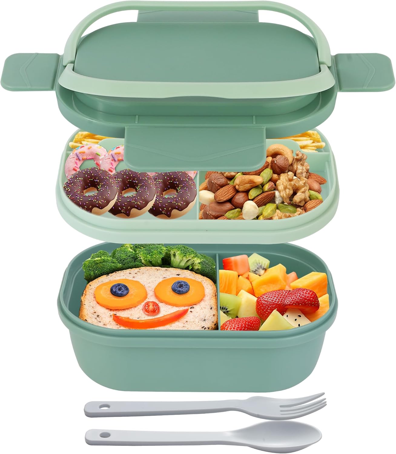 Hidden-Handle Bento Box Adult Lunch Box, Leak-Proof Lunch Containers for Adults & Kids, 2-Layer 5-Compartment 6 Cup with Utensils, Green