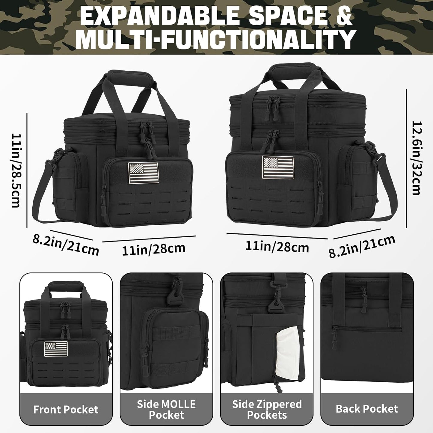 QT&QY Tactical Lunch Box for Men Expandable 18L Heavy Duty Military Insulated Cooler Bag, Leakproof Thermal Lunch Bag for Work Camping Outdoor Picnic Pail Adult Meal MOLLE Webbing Black