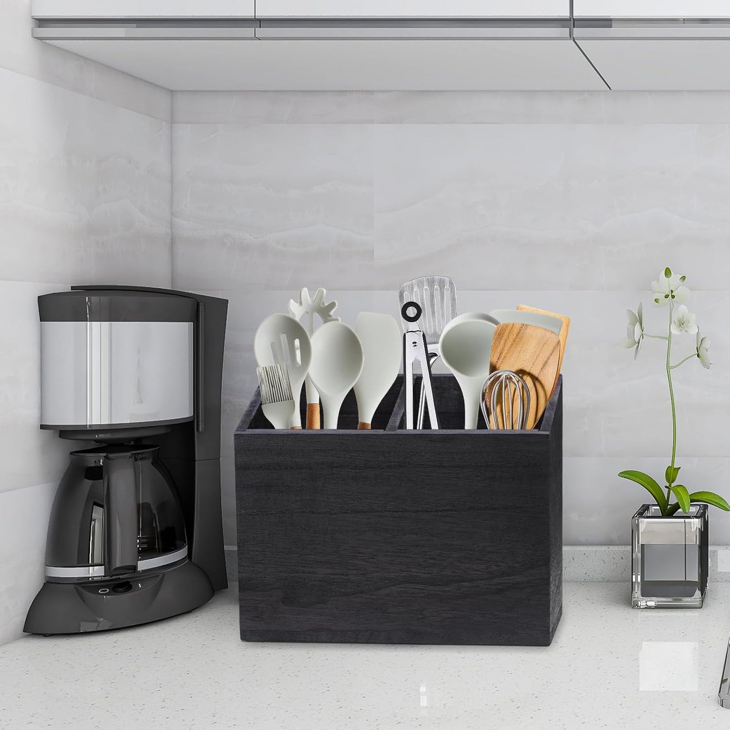 Wooden Kitchen Utensil Caddy With 2 Compartments, Rustic Utensil Holder for Kitchen Countertop, Wood Utensil Crock Organizer Box for Farmhouse Kitchen Decor (black)