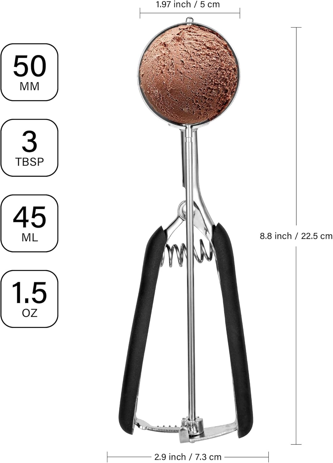 Cookie Scoop 3 Tbsp, TJ POP Professional Stainless Steel Ice Cream Scoop 50 mm, Good Soft Grips, Quick Trigger Release, 45 ml