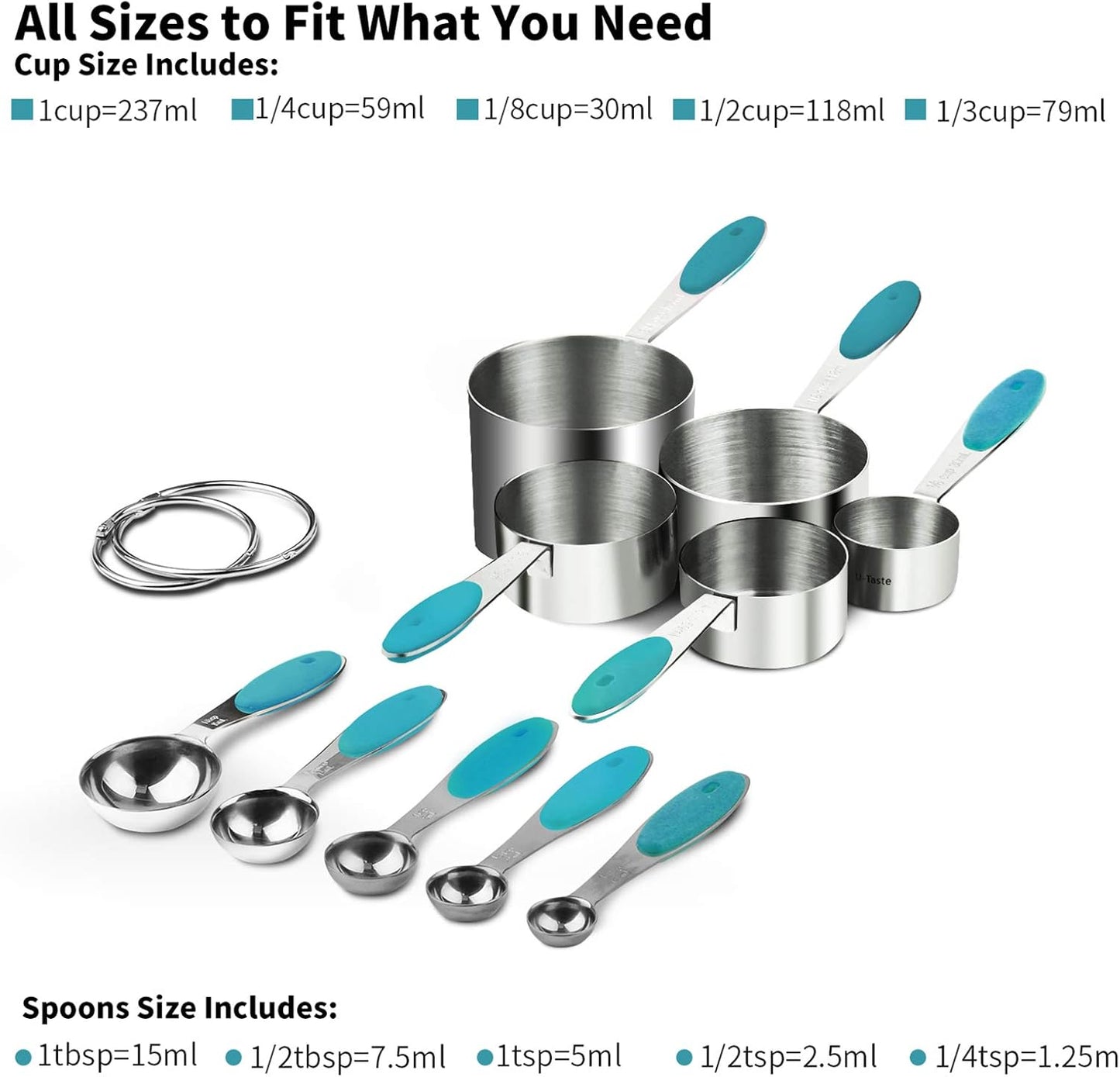 Measuring Cups : U-Taste 18/8 Stainless Steel Measuring Cups and Spoons Set of 10 Piece, Upgraded Thickness Handle (Teal)