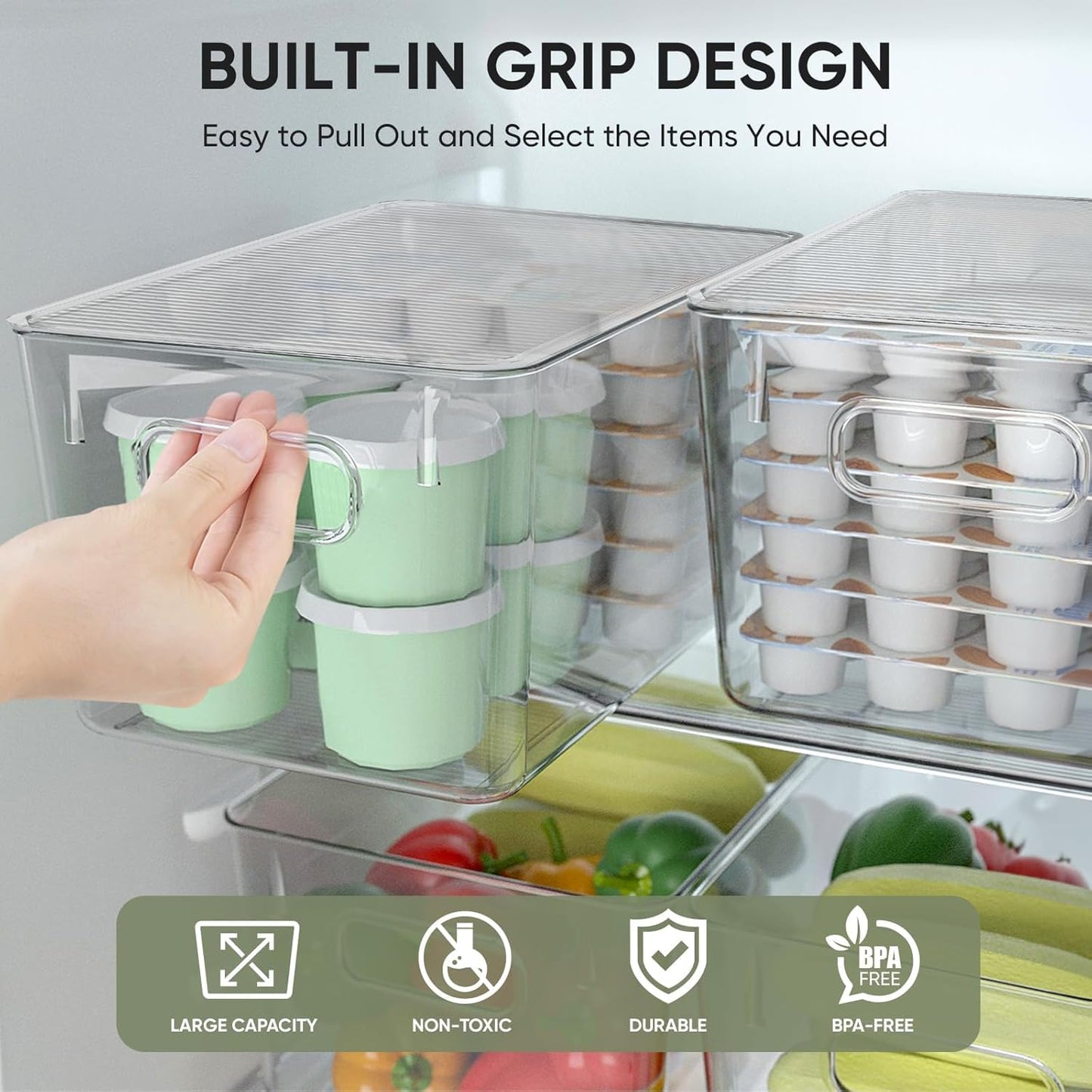 BALEINE Clear Stackable Storage Bins with Lids, Plastic Containers with Handle for Pantry Organizers and Storage, Plastic Bins for Fridge, Kitchen, Bathroom, Cabinet (11x7.5x6, 6PK)