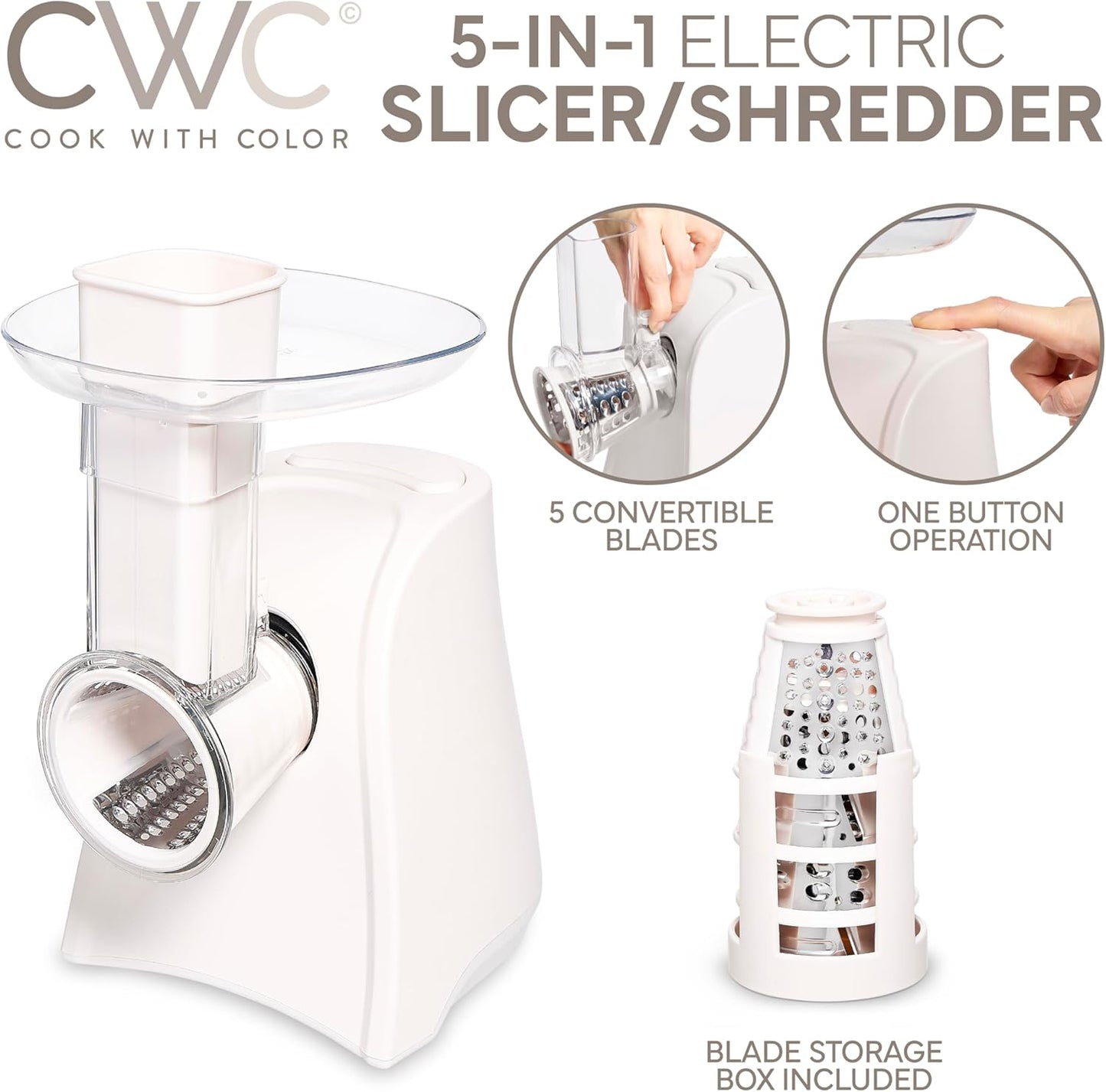 COOK WITH COLOR 5-in-1 Electric Slicer, 150W Food Prep Machine – Cheese Shredder, Fine & Coarse Graters, Potato Grater, Vegetable Slicer, Fruit, Salad Shooter, Compact Design for Bowl Prep, Cream