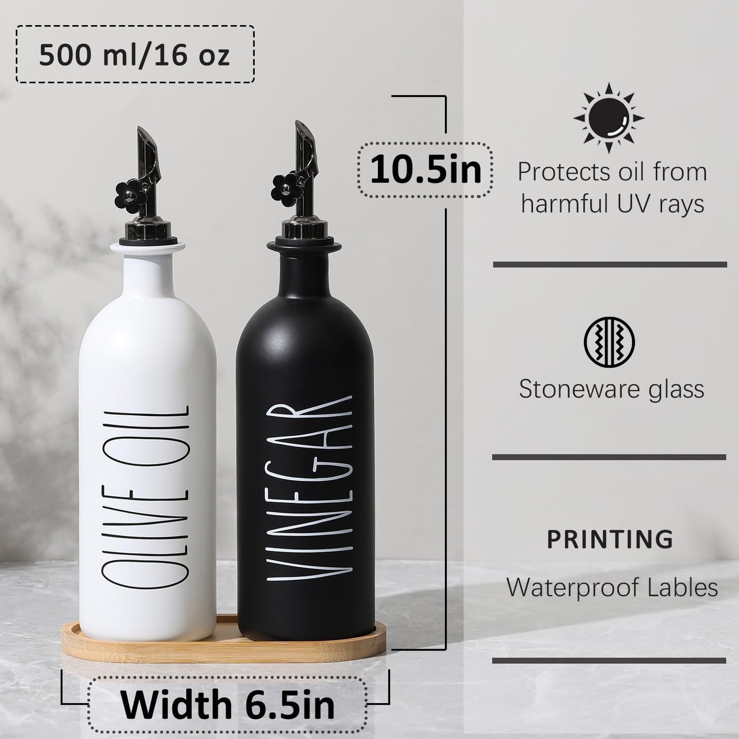 HOMCDALY 16oz Olive Oil Dispenser Bottles for Kitchen, Glass Oil Dispenser for Kitchen with Bamboo Tray, Oil&Vinegar Dispenser Set | Set of 2 (16oz-P-Black&White)