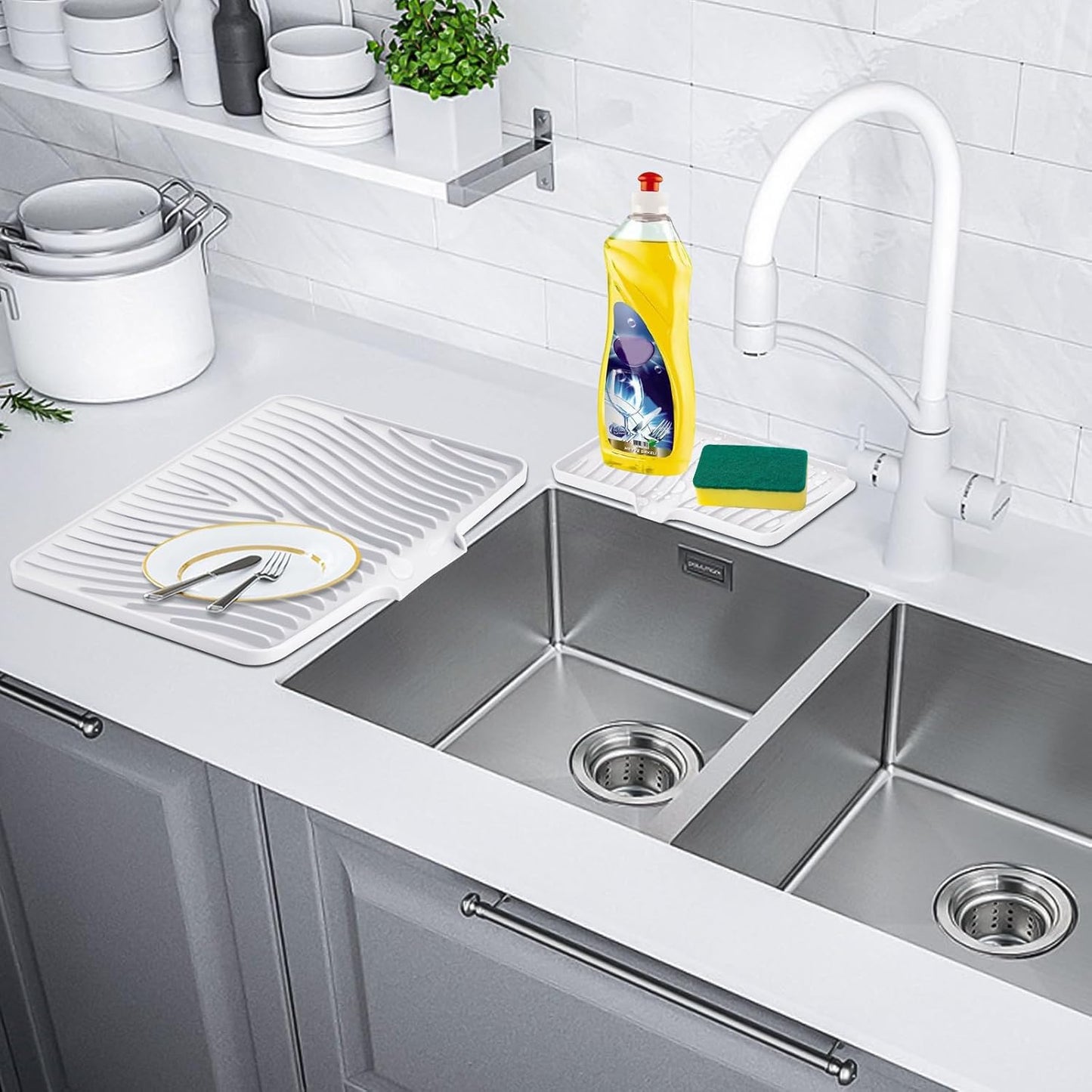 Silicone Dish Drying Mat for Kitchen Counter, Dish Drying Pad, Non-Slip Drain Pad with Built-in Drain, Heat Resistant Stone Drying Mat, 1 set (Ivory)