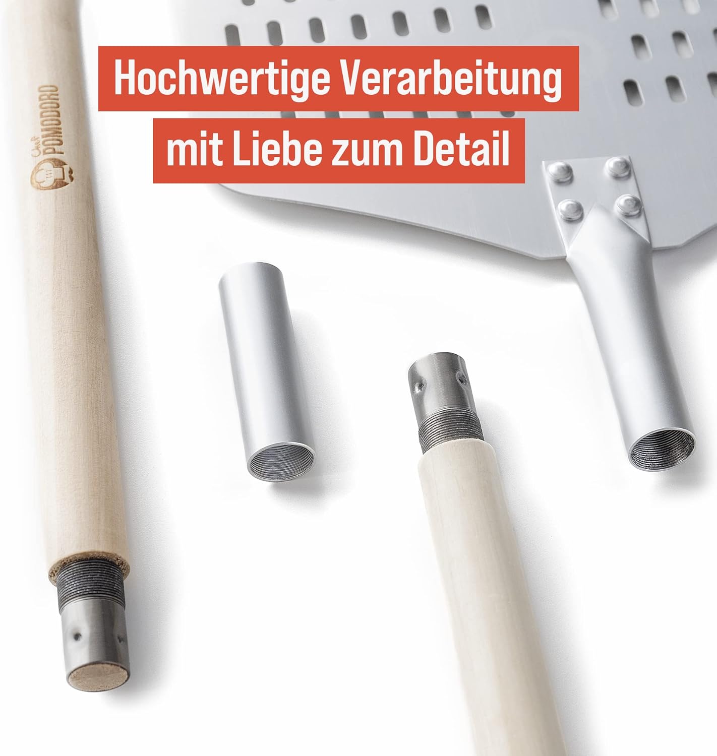 Chef Pomodoro Perforated Pizza Peel Aluminum, 12 x 14-Inch, with Detachable Wood 49-Inch Long Extendable Handle for Easy Storage, Gourmet Luxury Pizza Paddle for Baking Homemade Pizza Bread