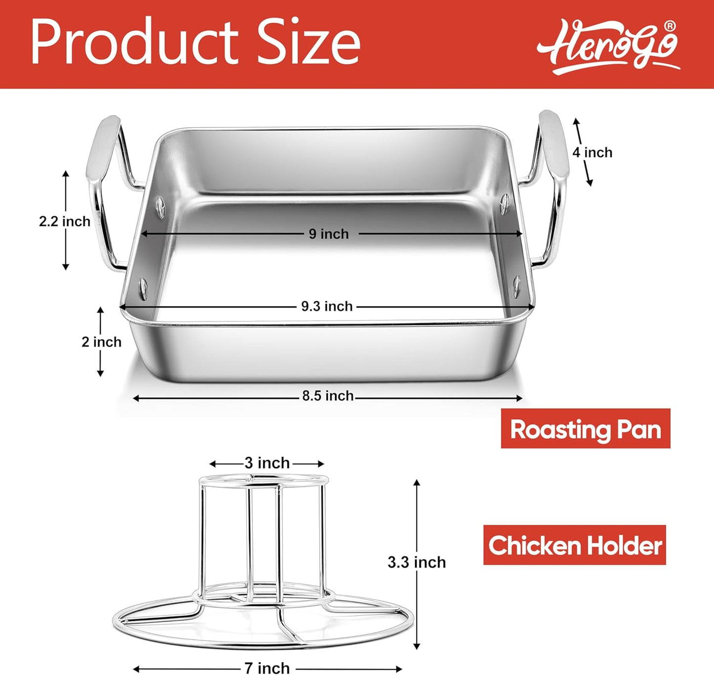 Herogo Small Roasting Pan with Beer Can Chicken Holder, 9 Inch Stainless Steel Square Baking Pans with BBQ Vertical Stand Rack for Baking Oven Grilling Smoker, Easy to Use & Dishwasher Safe