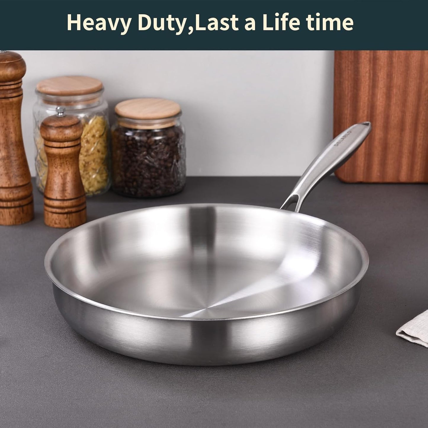DELARLO Tri-Ply Stainless Steel 9.3 Inch Frying Pan with Lid, 18/10 Stainless Steel Skillet, Heavy Duty, Compatible for Induction, Ceramic, Electric, Gas Cooktops Up to 600℉, Fast & Even Heat