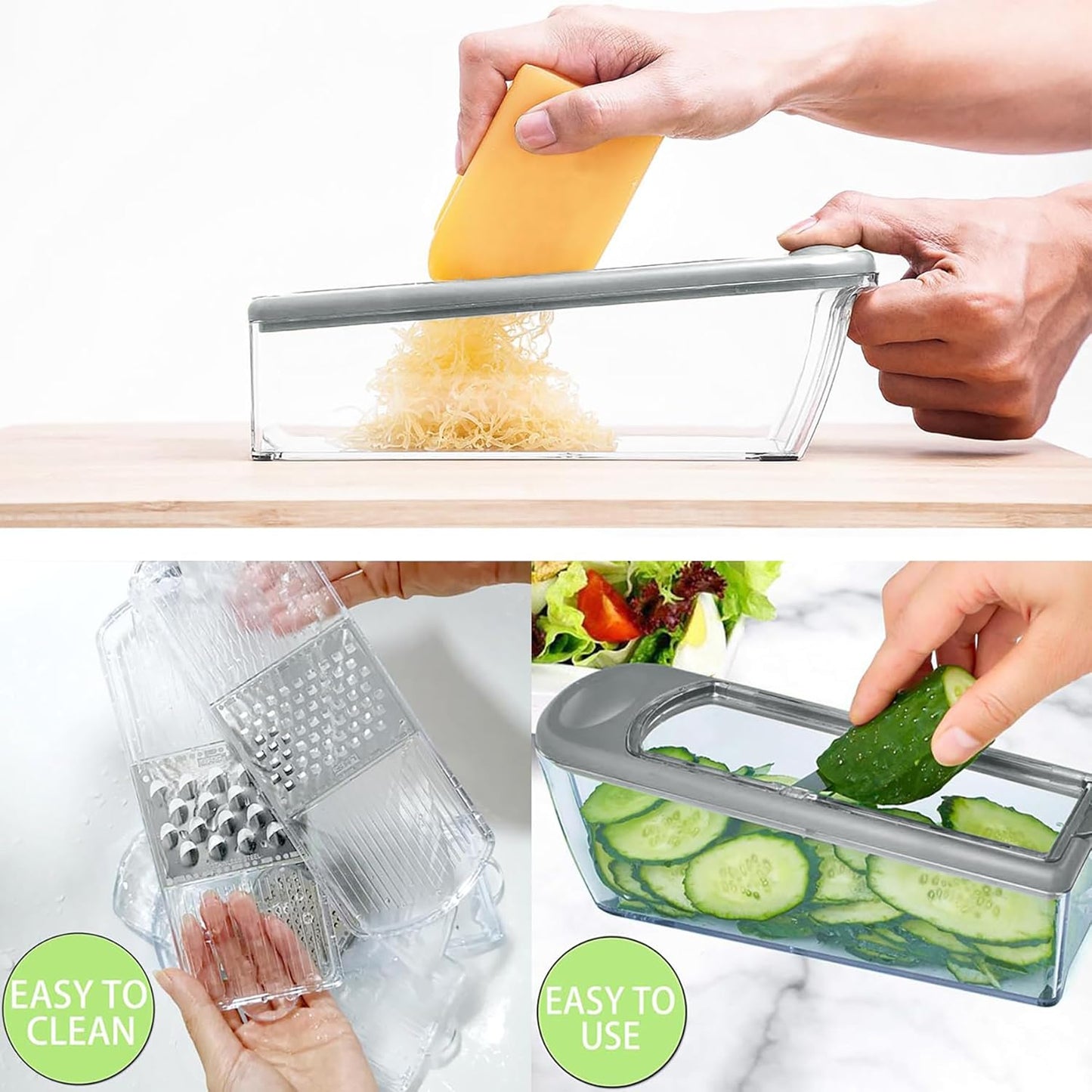 LHS Mandoline Slicer, 4 Sharp Stainless Steel Blades with Food Storage Container — Kitchen Tools for Cheese, Chocolate, Vegetables& Fruits - Dishwasher Safe (grey)