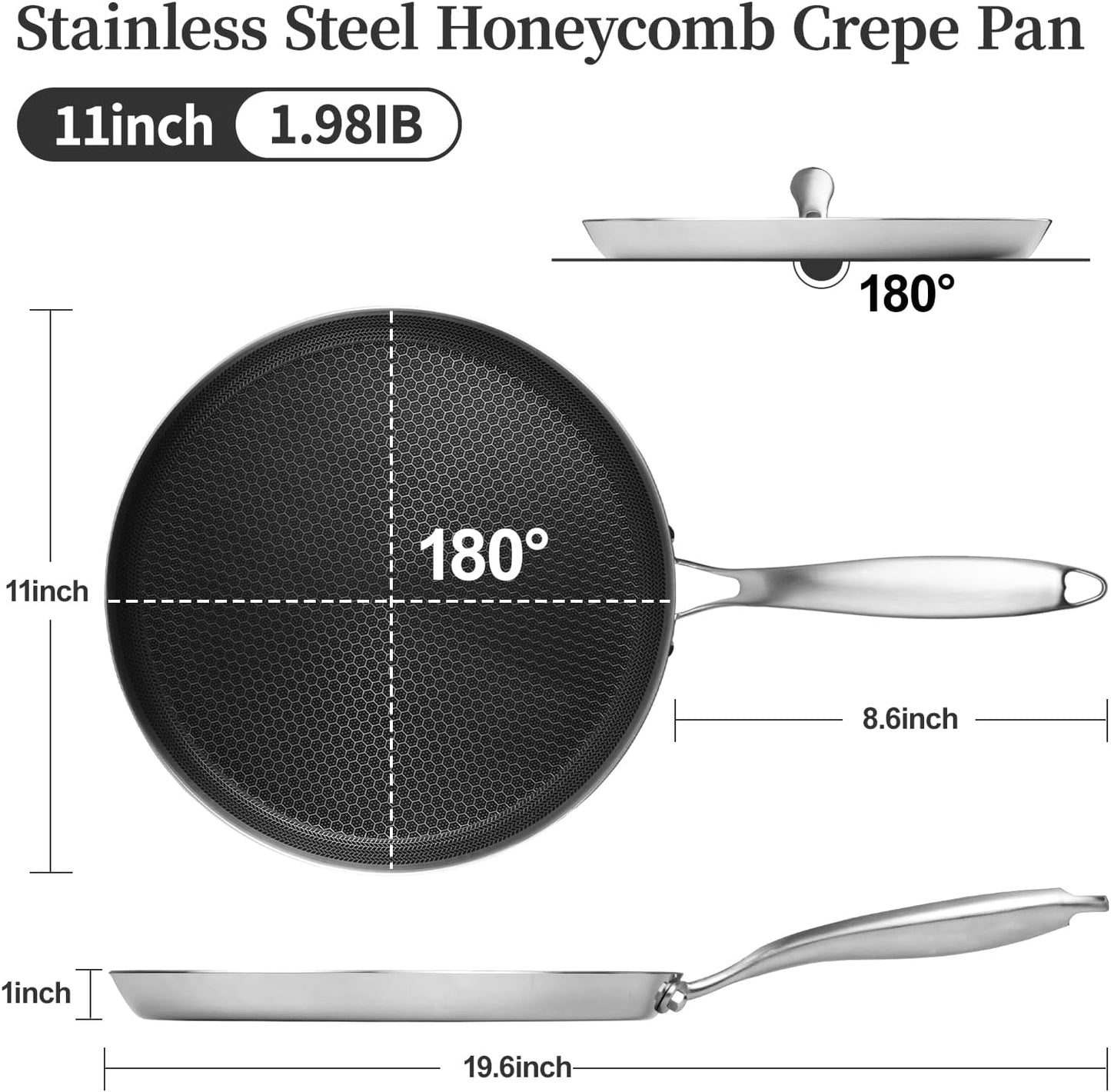 Stainless Steel Crepe Pan - 11inch Nonstick Crepe Pan, Stainless Steel Honeycomb Coating Pancake Pan, Non Stick Flat Skillet Tawa Dosa Tortilla Griddle Pan, Induction Compatible, PFOA Free