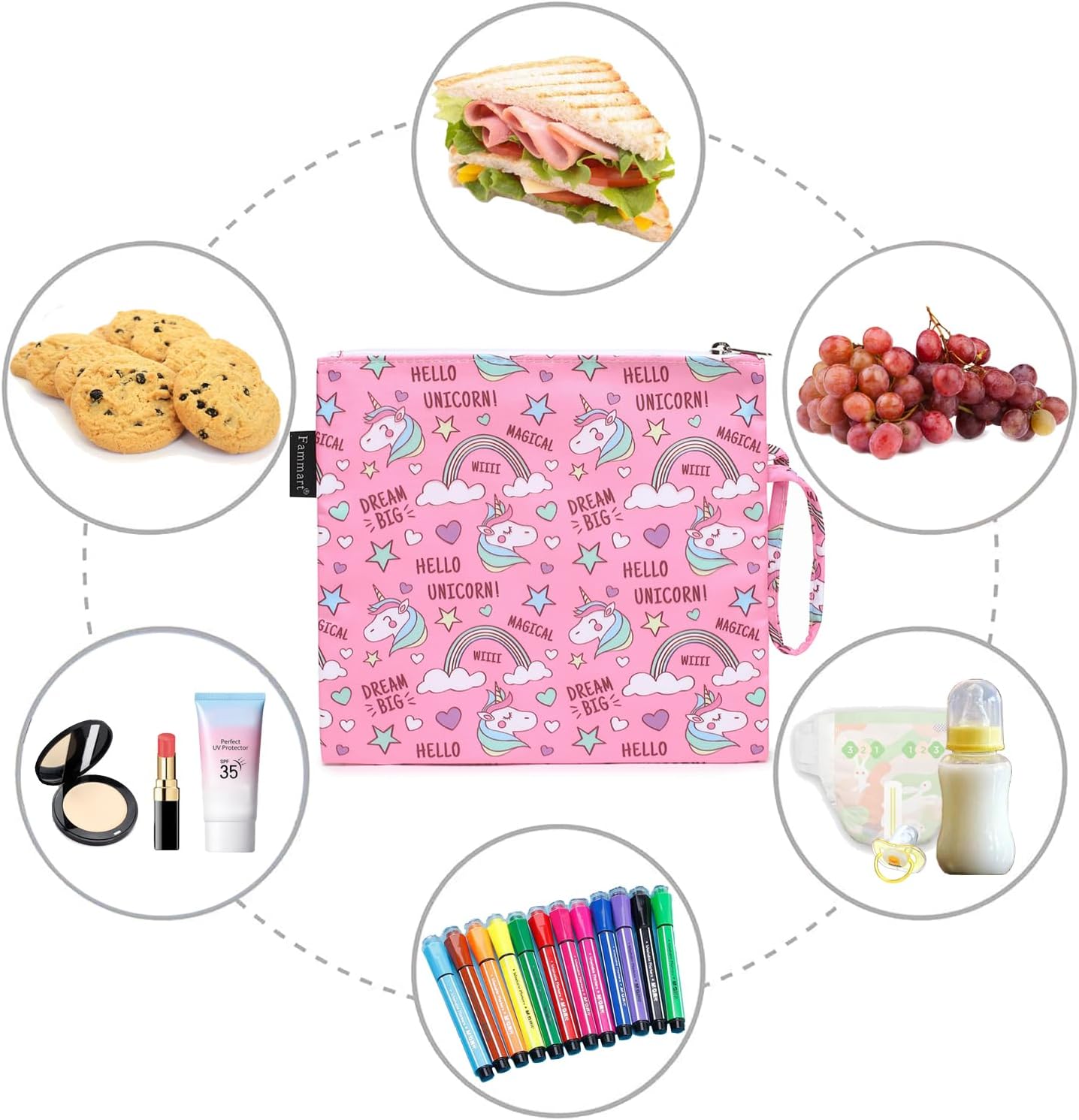 Reusable Sandwich Bag/Snack Bag for Kids & Adults, Dual Layer Lunch Bag with Handle, Washable, Food Safe, BPA Free (1-Pack, Rainbow Unicorn)