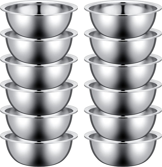 Pinkunn Set of 12 Stainless Steel Mixing Bowls, Nesting Metal Prep Salad Bowl Bulk Kitchen Large Reusable Baking Food Container for Hotel Restaurant Home Cooking, Silver(9.45 x 3.15 Inch)