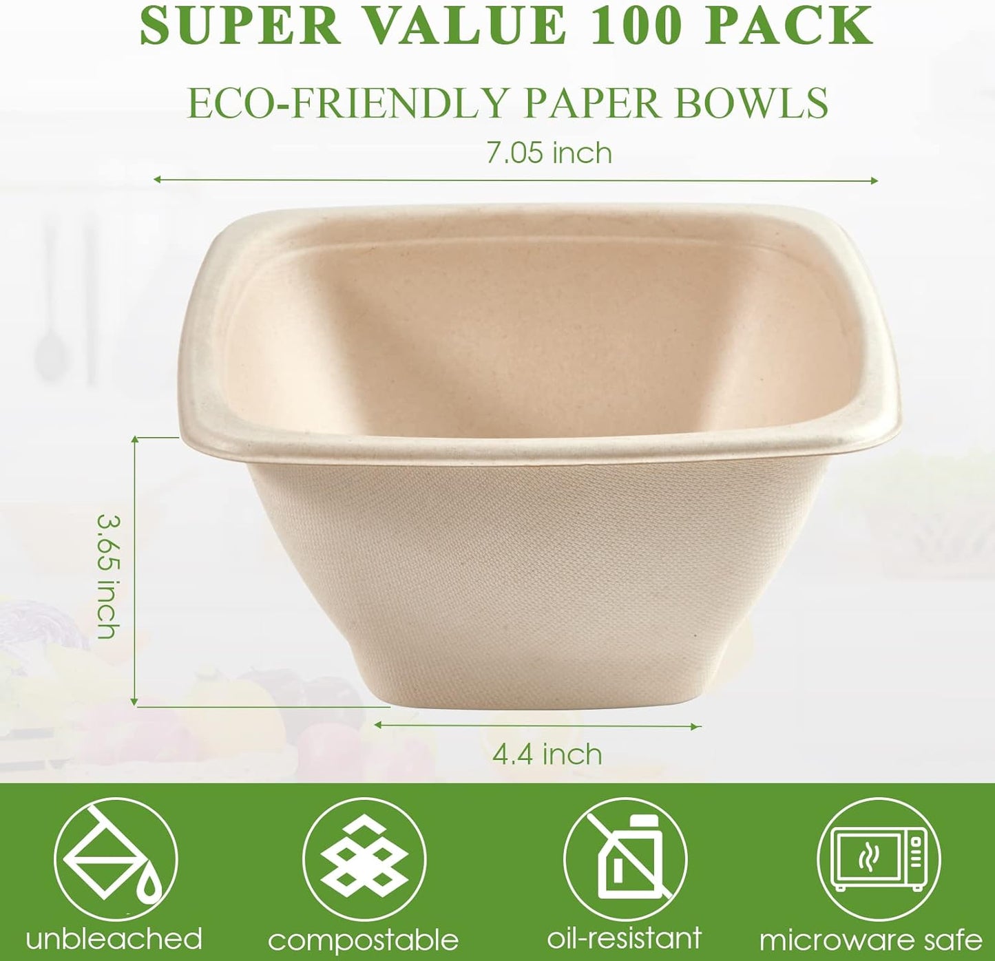Vplus 100 Pack 42 OZ Paper Bowls Bulk, Square Disposable and Compostable, Eco-friendly Bagasse, Heavy-duty Bowls Perfect for Milk Cereals, Snacks, Salads