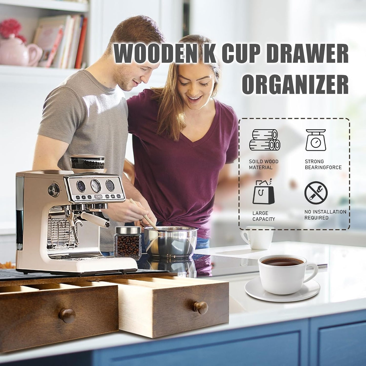 Wooden Coffee Pod Holder with Silicone Non-Slip Pad, Coffee Storage K Cup Organizer for Countertop, K Cup Drawer and Tea Organizer for Counter, Coffee Station Organizer (30 Pod Capacity)