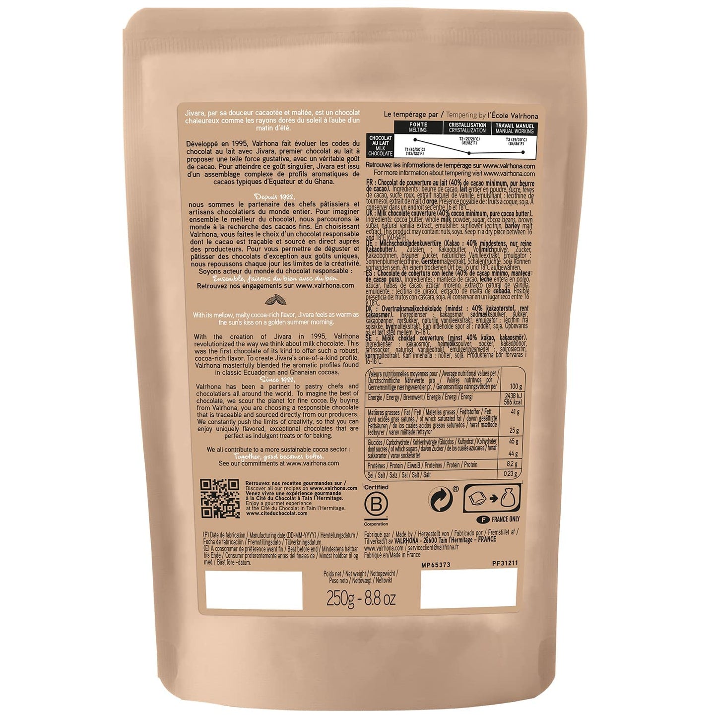 Valrhona Premium French Baking Creamy Milk Chocolate Discs (Feves). JIVARA 40% Cacao. Easy Melt and Tempering. Hints of Vanilla and Malt. For Cookies, Mousses, Frostings and Candies 250g (Pack of 2)