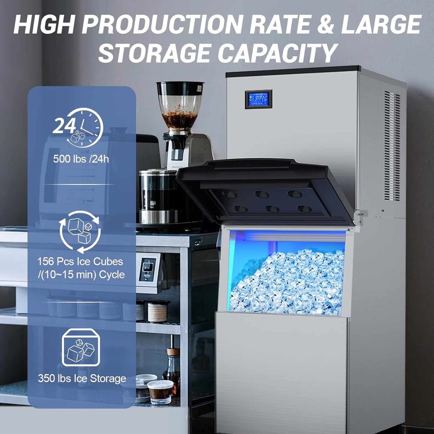 Ice Maker Commercial Ice Machine Large Capacity Stainless Steel 500 Lbs/24H Industrial Ice Machine, 350 Lbs Storage Commercial Ice Machines Free Standing, Cubes Ice Makers Commercial